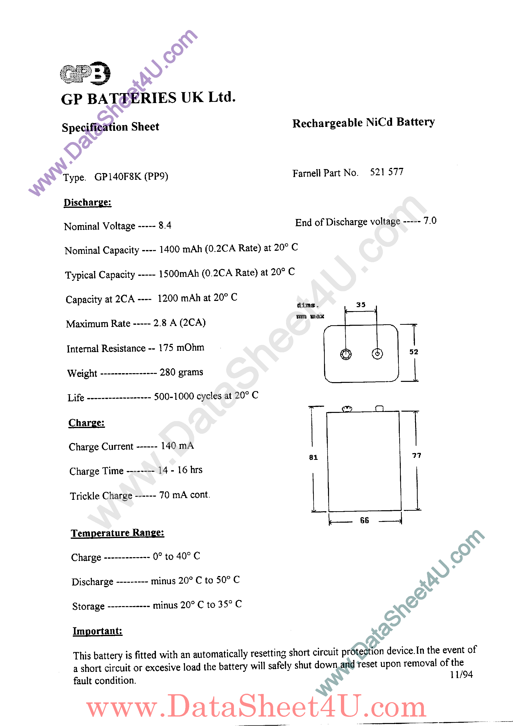 Datasheet GP140F8K - Rechargeable NiCd Battery page 1