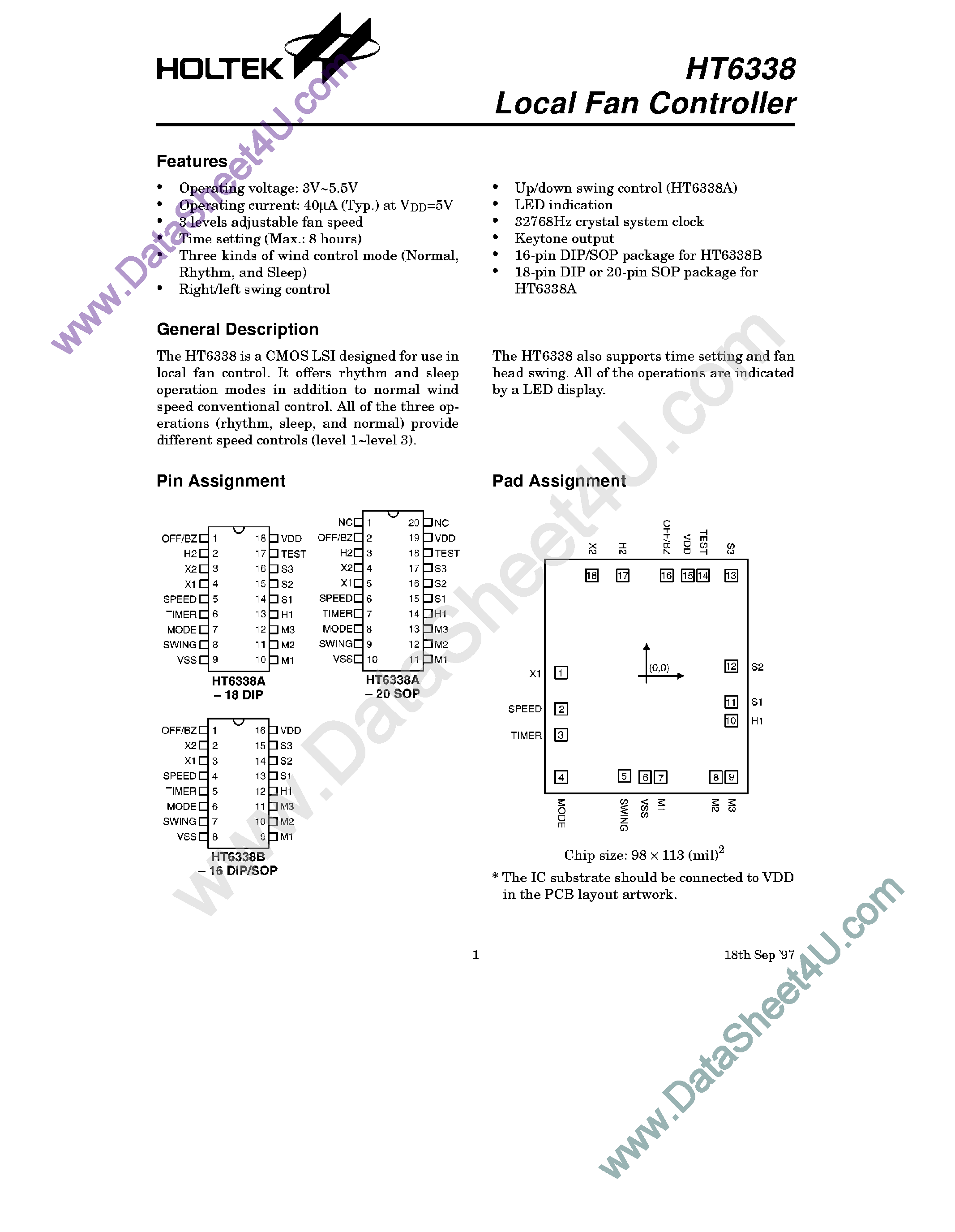 Datasheet HT6338 page 1 Datasheet HT6338 - Local Fan Controller page 1