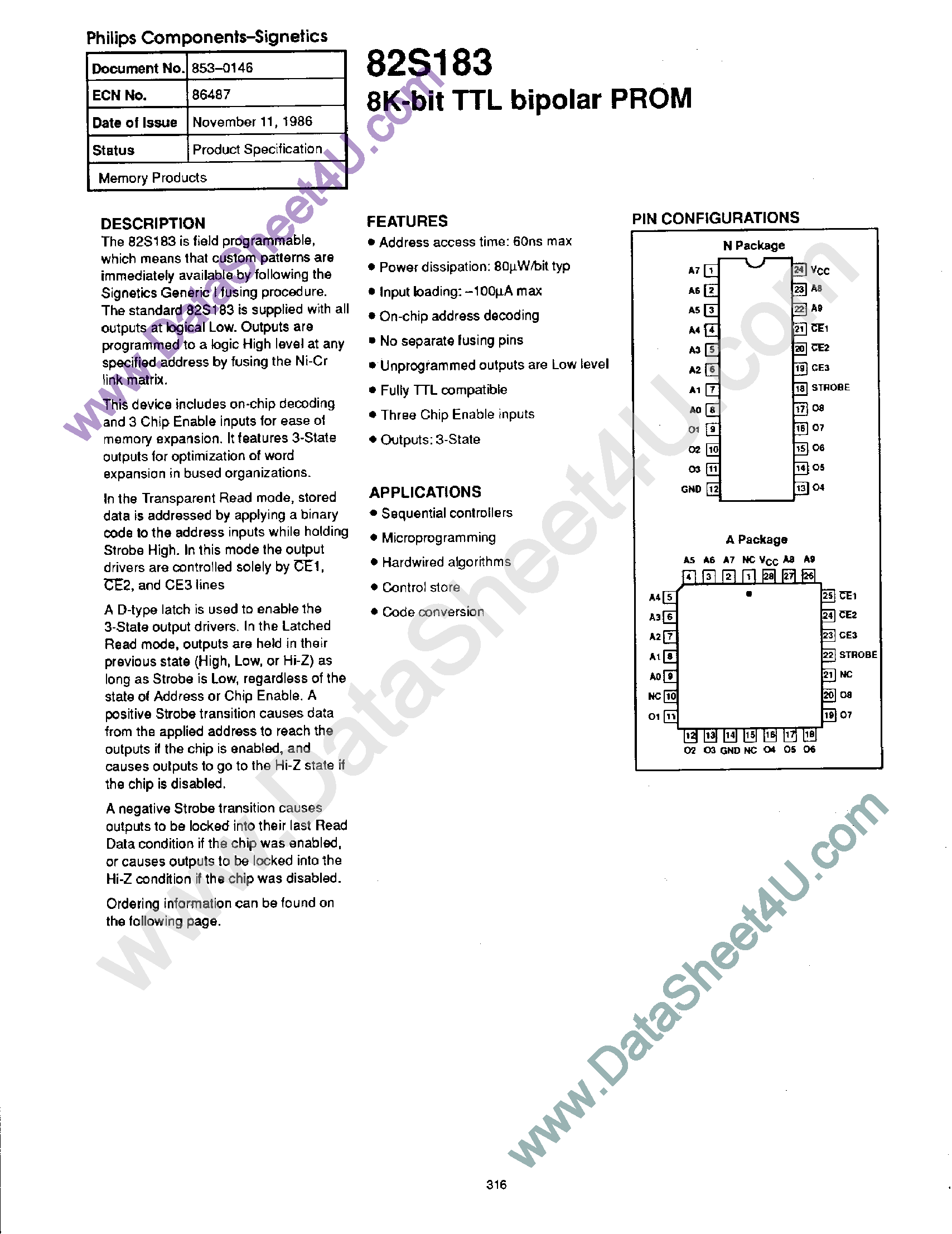 Даташит N82S183 - 8K-Bit TTL Bipolar PROM страница 1