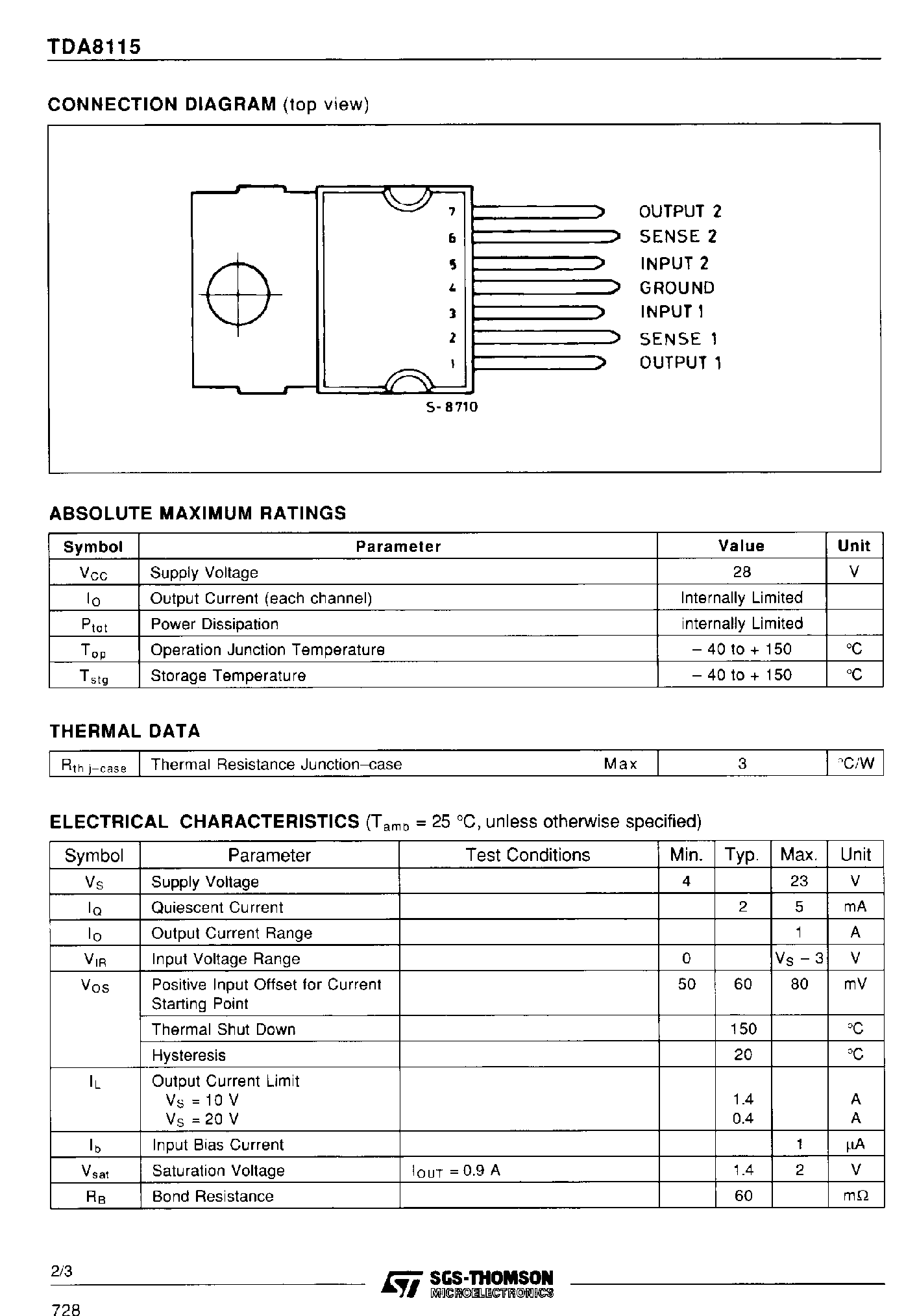 Datasheet TDA8115 page 2 Datasheet TDA8115 - Dual Motor Driver page 2