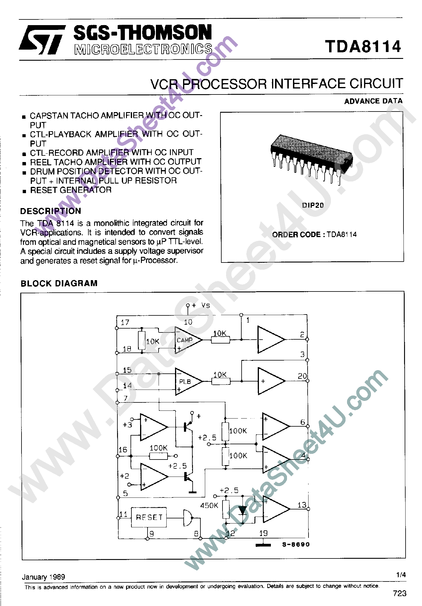 Datasheet TDA8114 page 1 Datasheet TDA8114 - VCR Processor Interface Circuit page 1