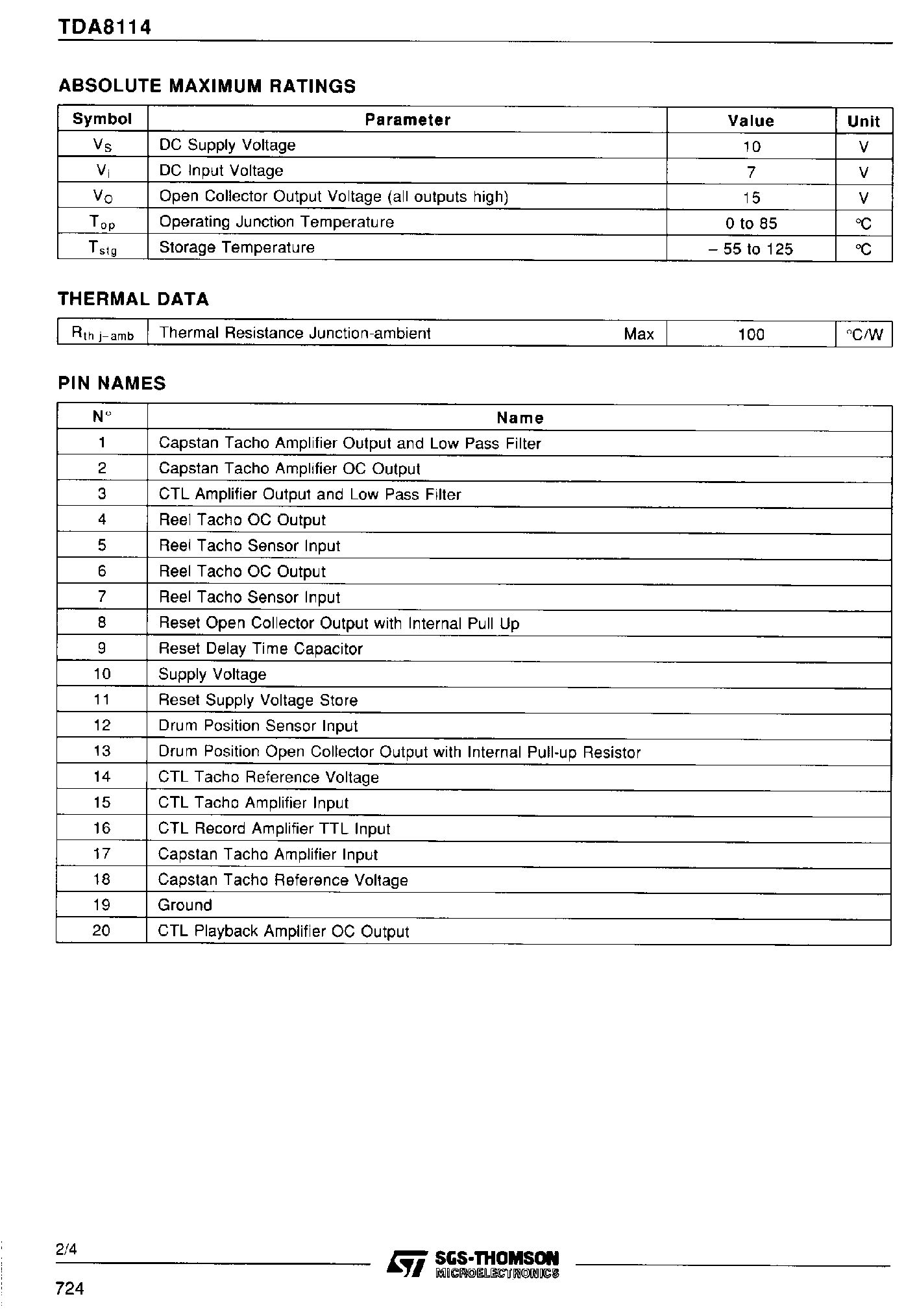 Datasheet TDA8114 page 2 Datasheet TDA8114 - VCR Processor Interface Circuit page 2