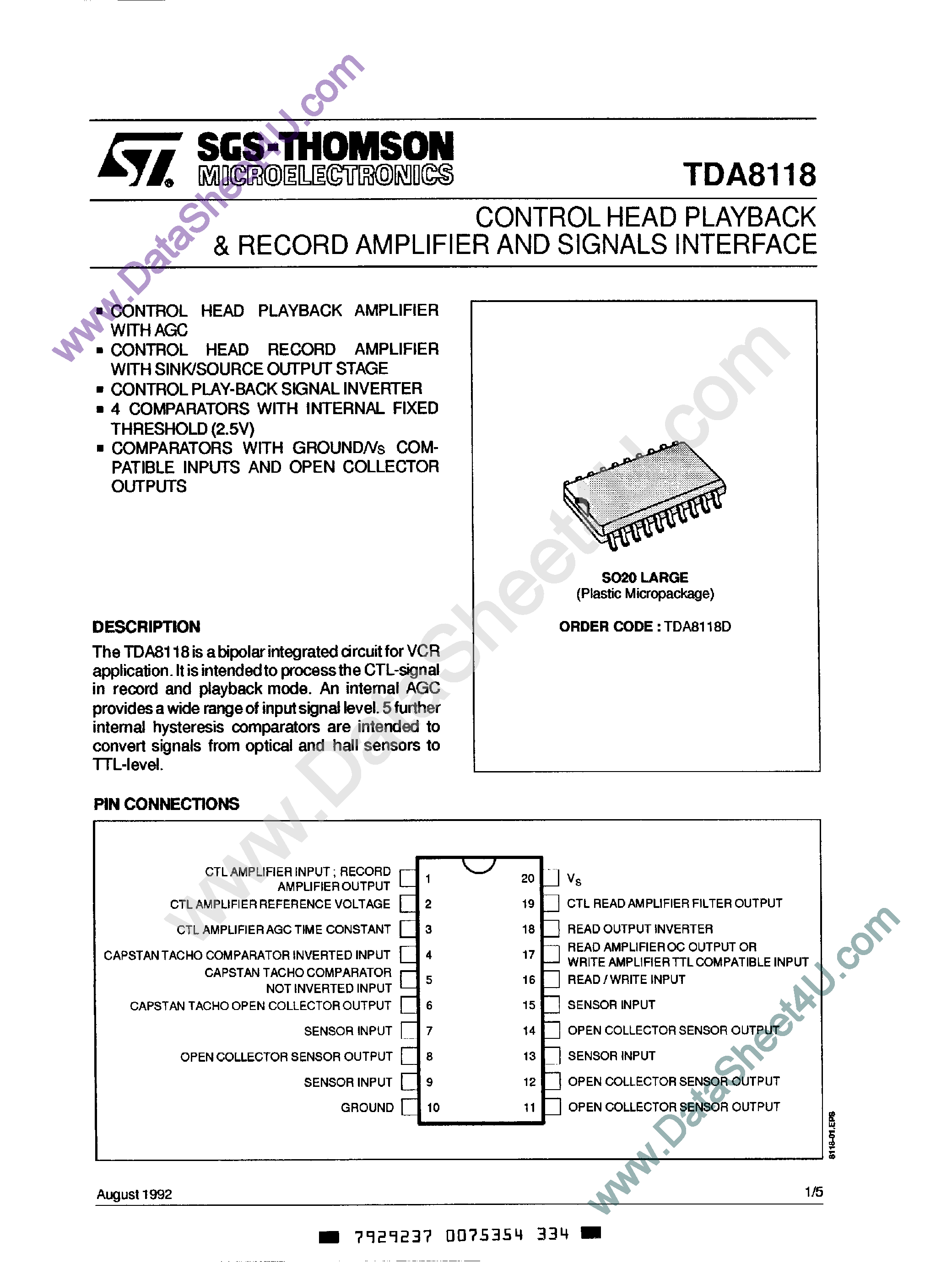 Datasheet TDA8118 page 1 Datasheet TDA8118 - Control Head Playback & Record Amplifier and Signals Interface page 1