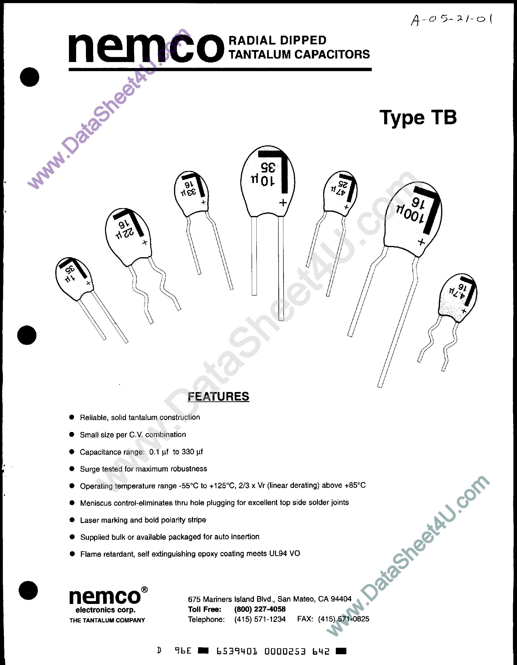 Datasheet TB100 - Radial Dipped Tantalum Capacitors page 1