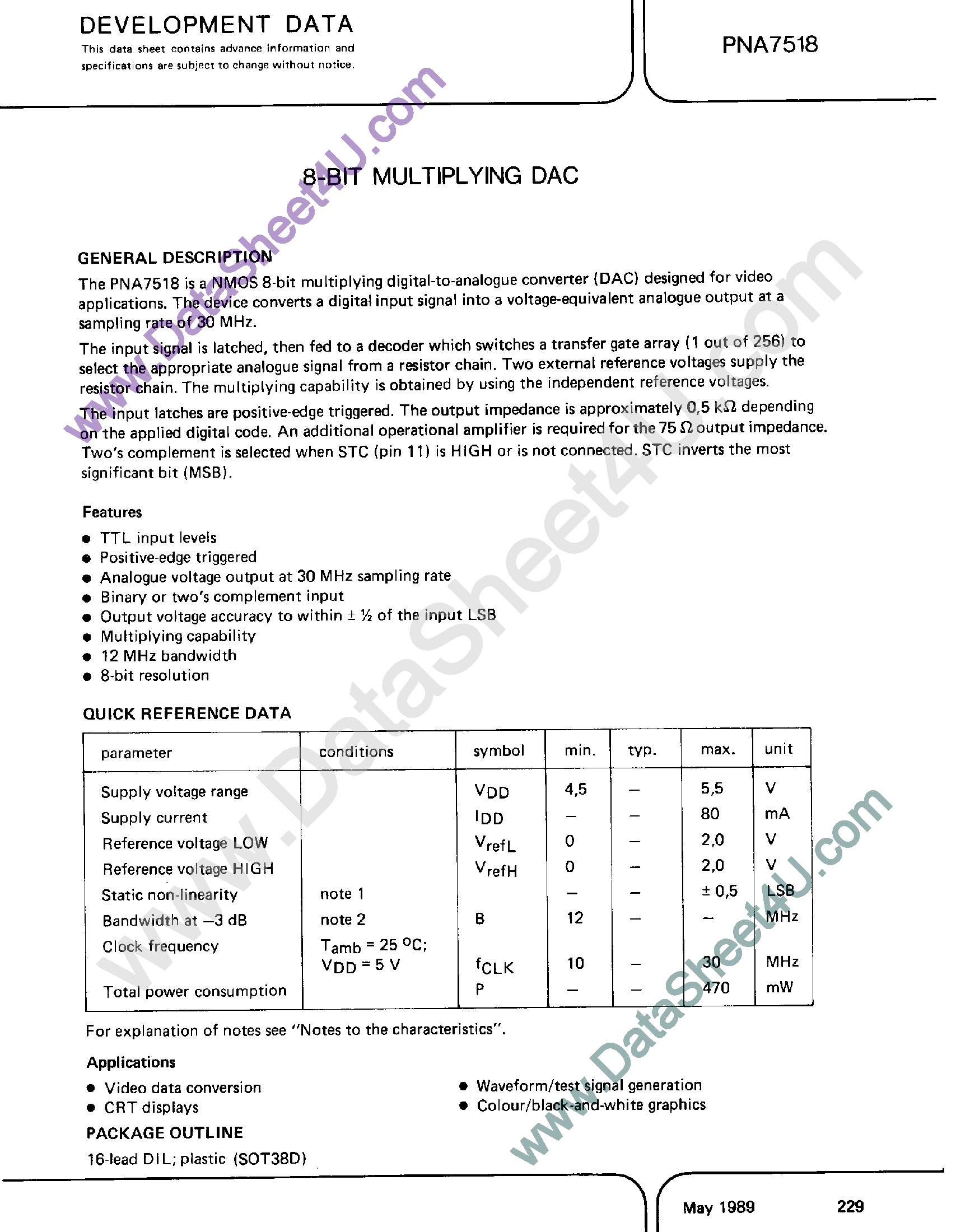 Datasheet PNA7518 - 8-Bit Multiplying DAC page 1