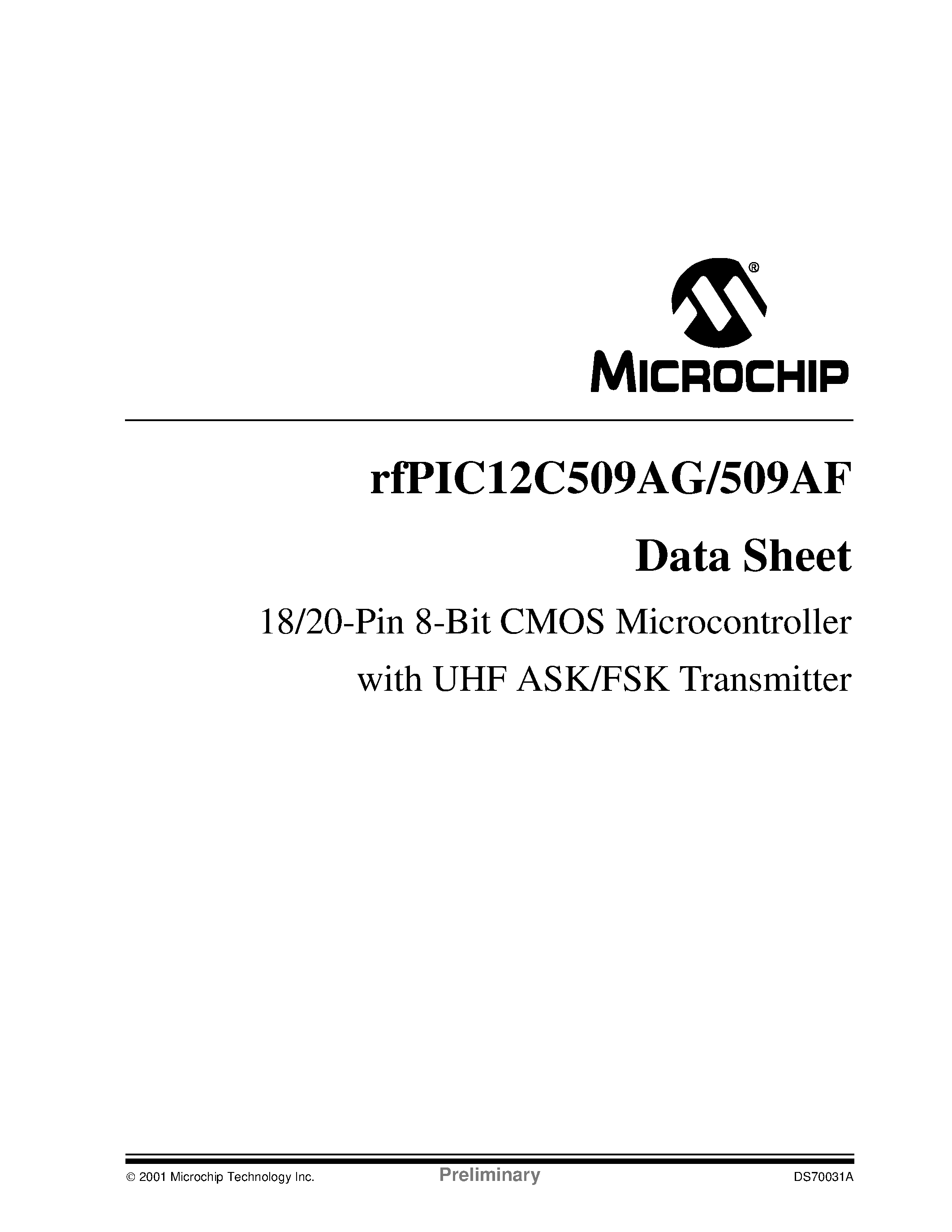 Даташит RFPIC12C509AF - 18/20-Pin 8-Bit CMOS Microcontroller with UHF ASK/FSK Transmitter страница 1