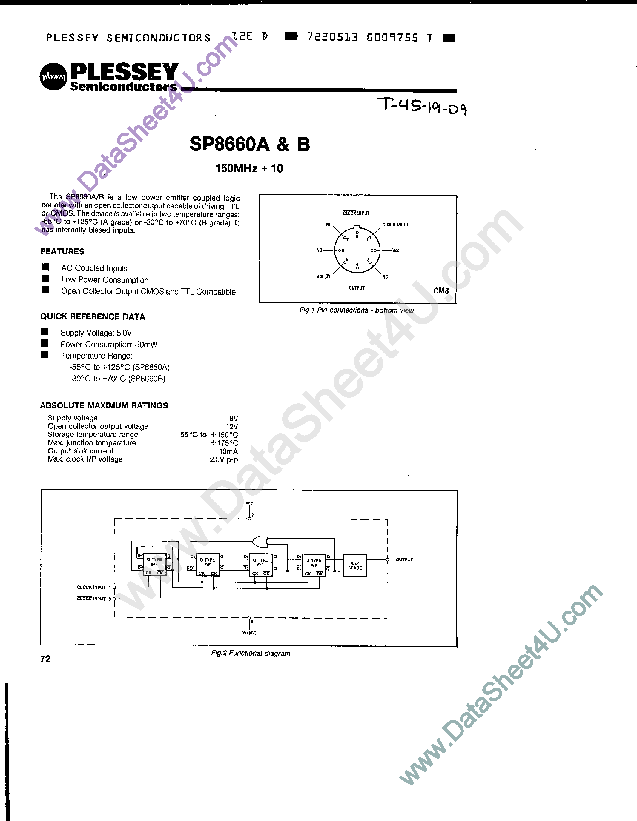 Datasheet SP8660A page 1 Datasheet SP8660A - (SP8660A/B) Low Power Emitter Coupled Logic Counter page 1