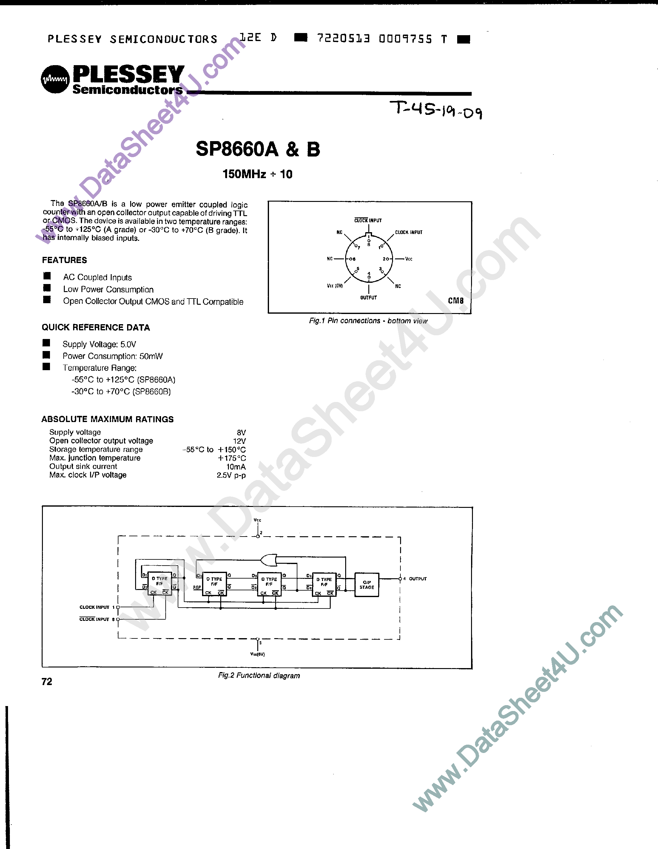 Datasheet SP8660A - (SP8660A/B) Low Power Emitter Coupled Logic Counter page 1