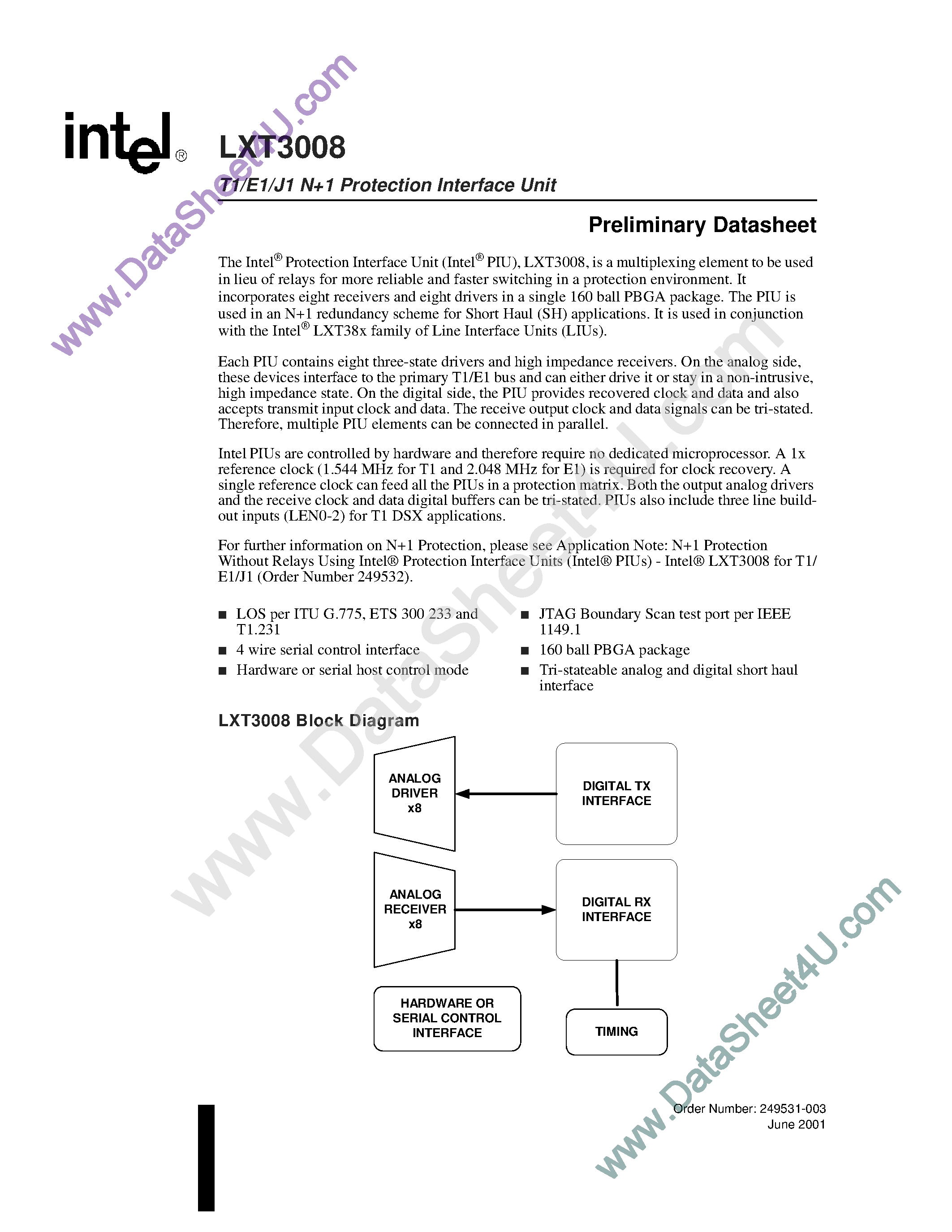 Datasheet LXT3008 - T1/E1/J1 N+1 Protection Interface Unit page 1