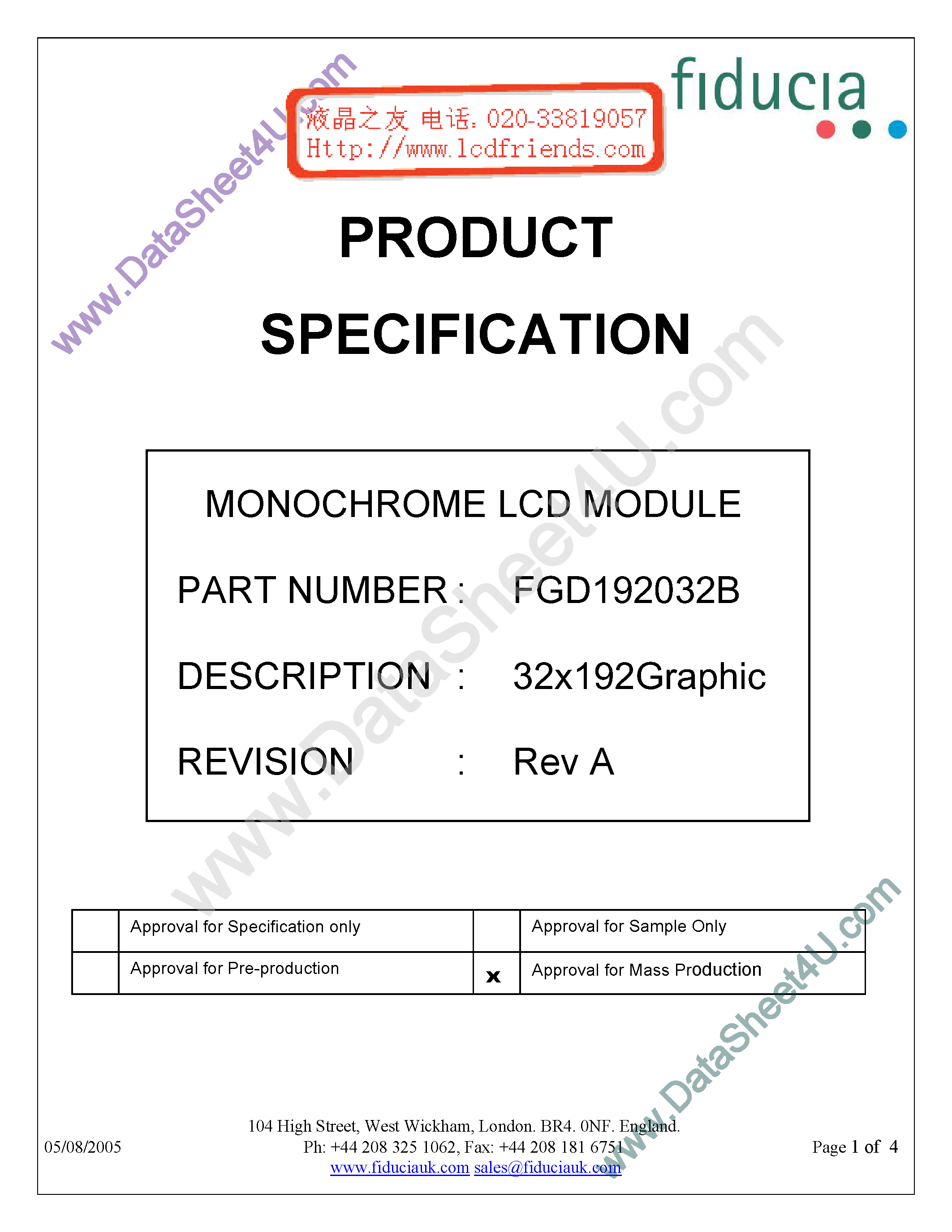 Даташит FDG192032B - Monochrome Lcd Module страница 1