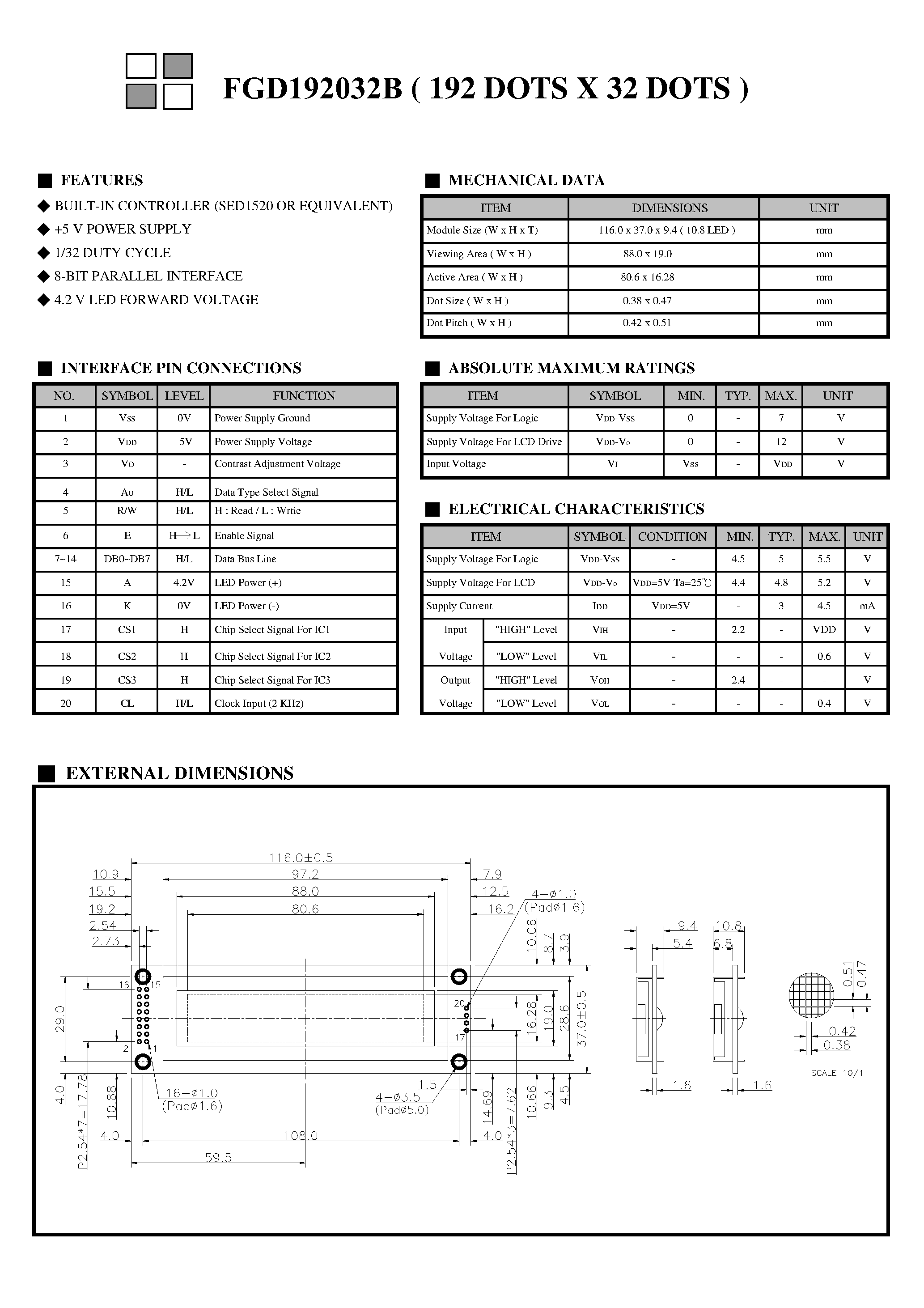 Даташит FDG192032B - Monochrome Lcd Module страница 2
