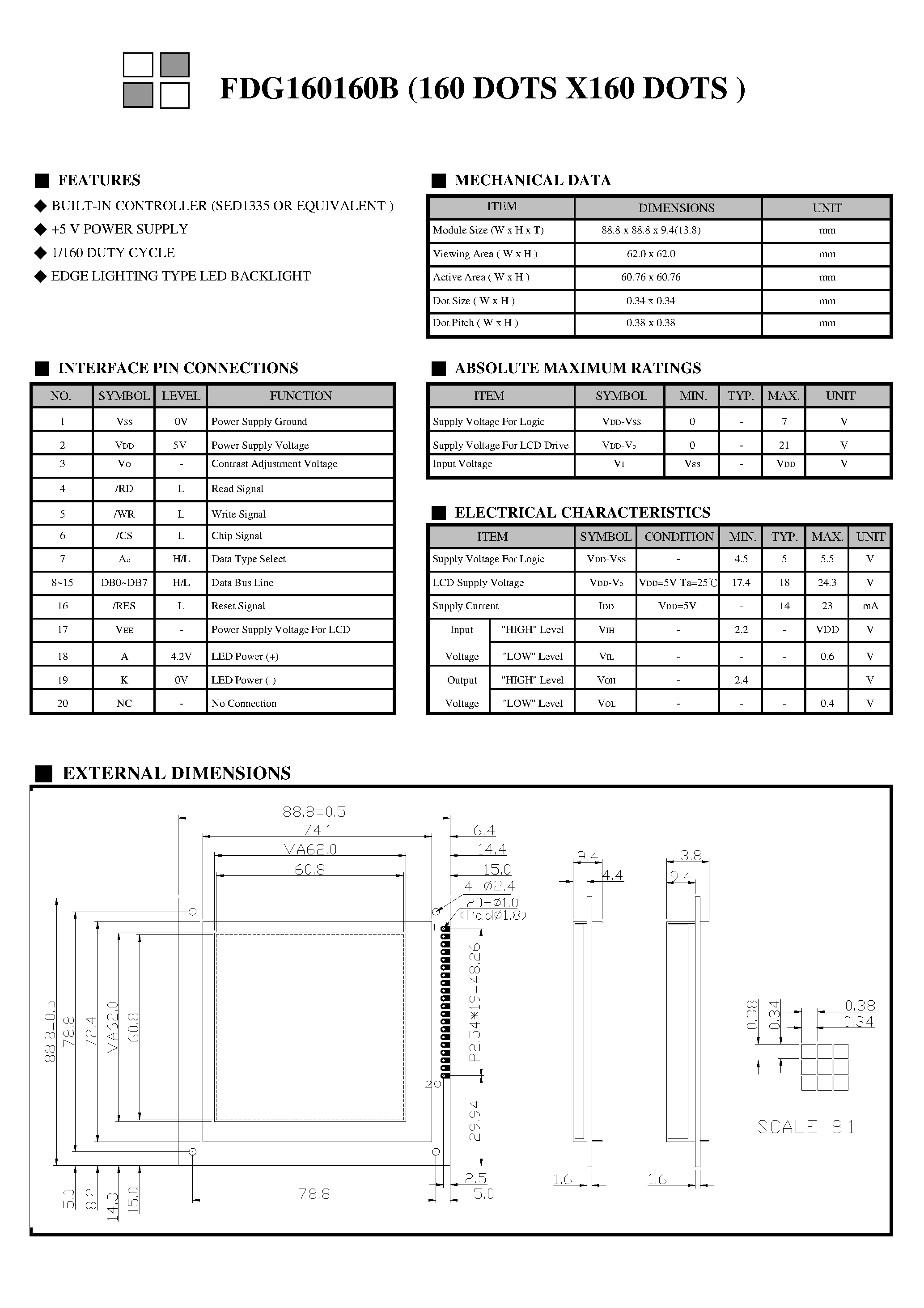 Даташит FDG160160B-Monochrome Lcd Module страница 2