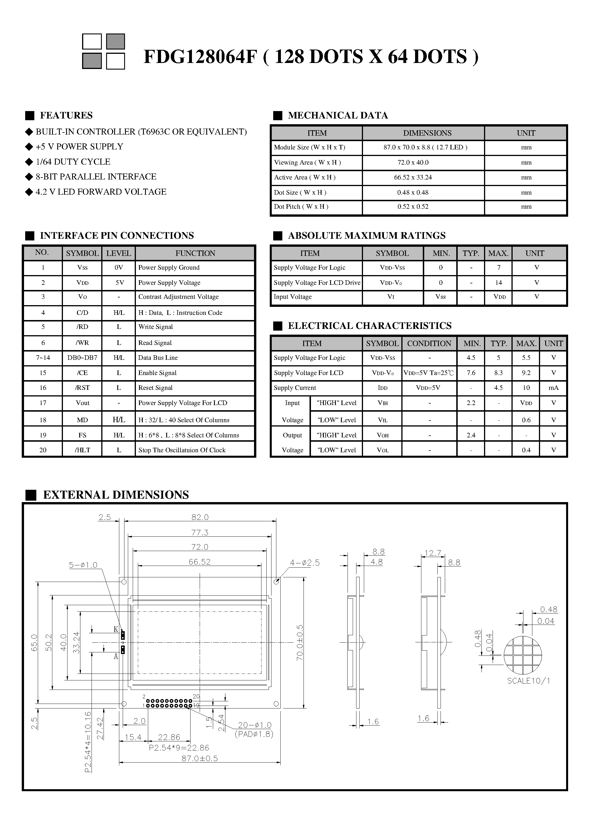 Даташит FDG128064F-Monochrome Lcd Module страница 2
