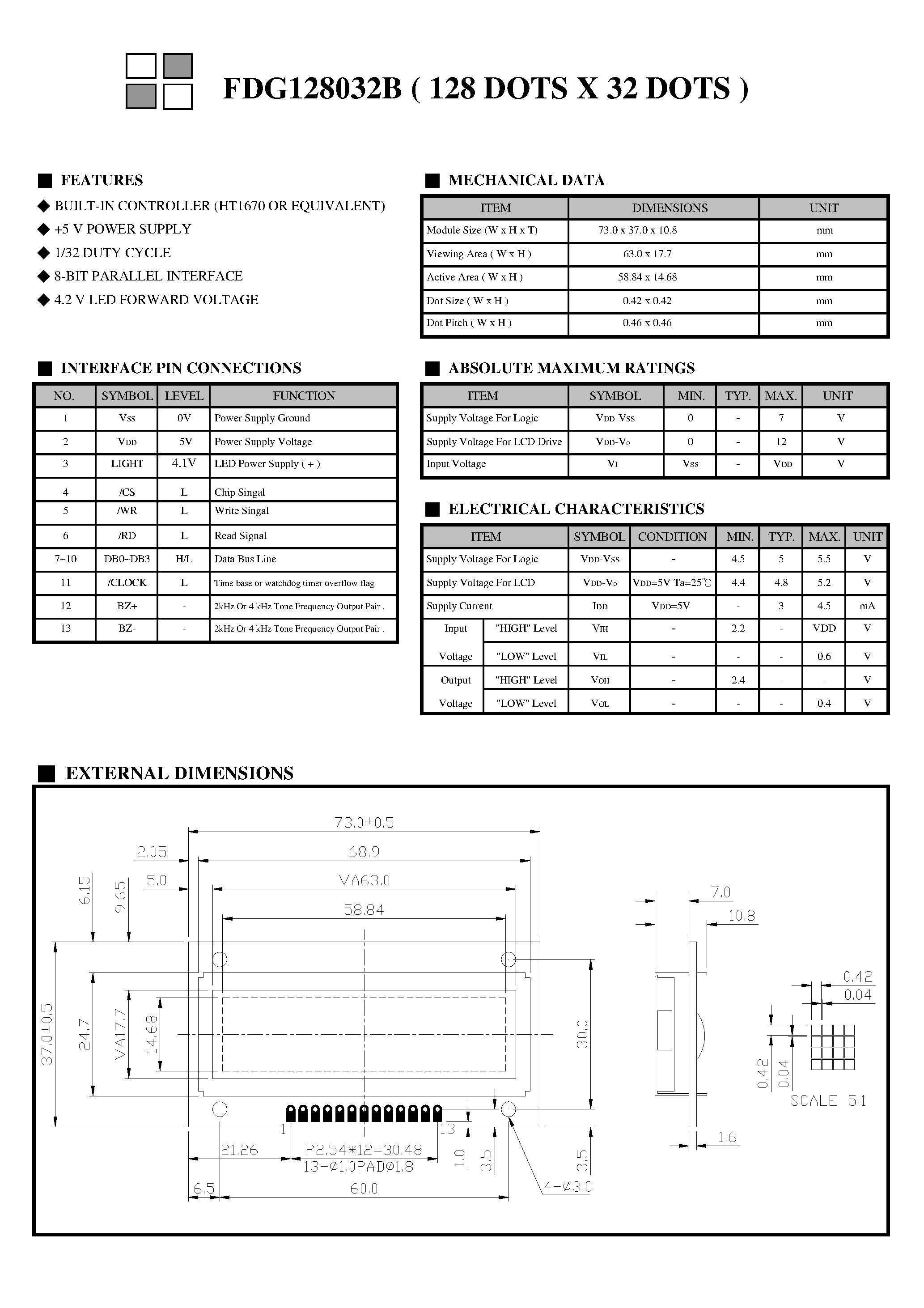 Даташит FDG128032B-Monochrome Lcd Module страница 2