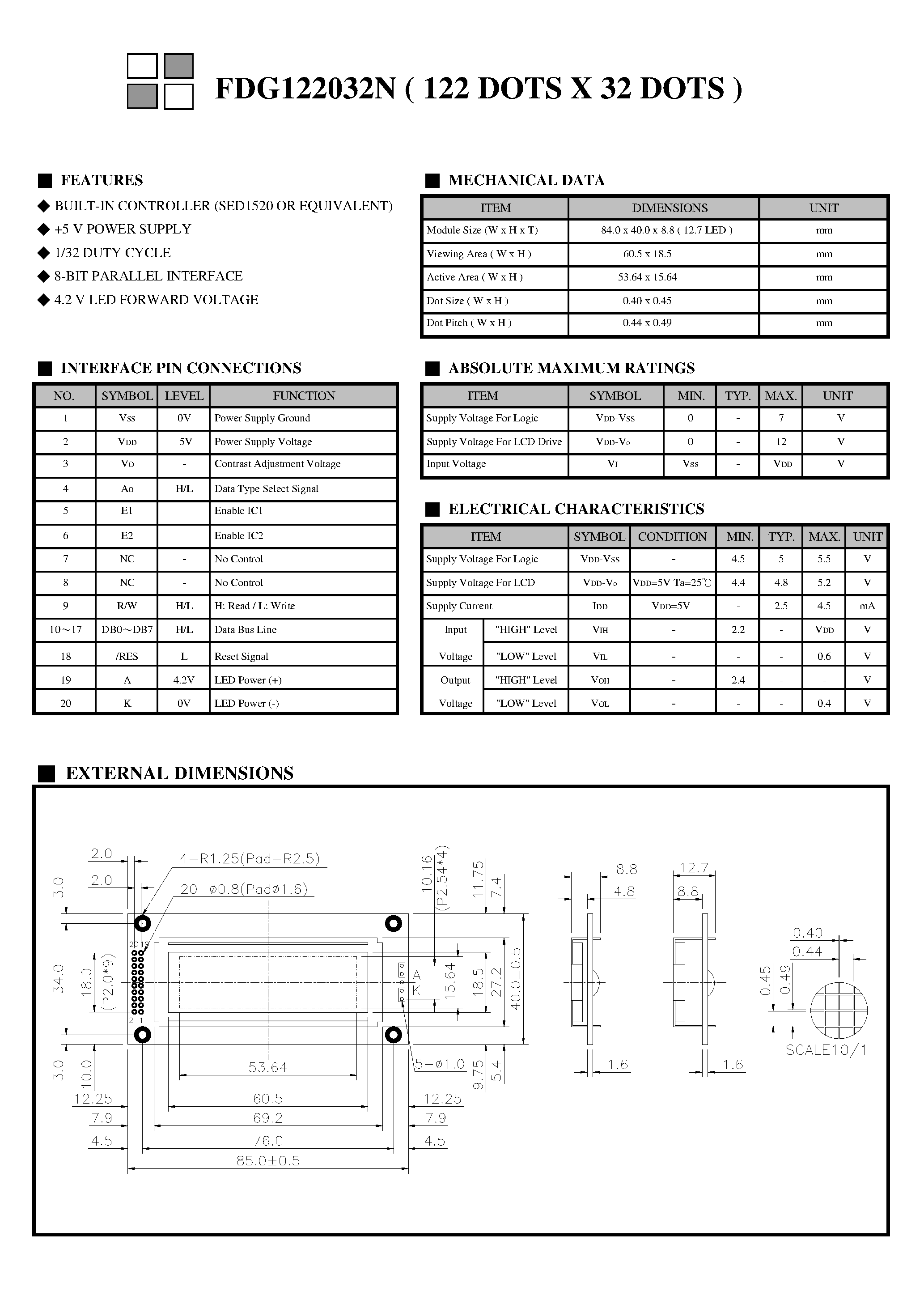 Даташит FDG122032N-Monochrome Lcd Module страница 2