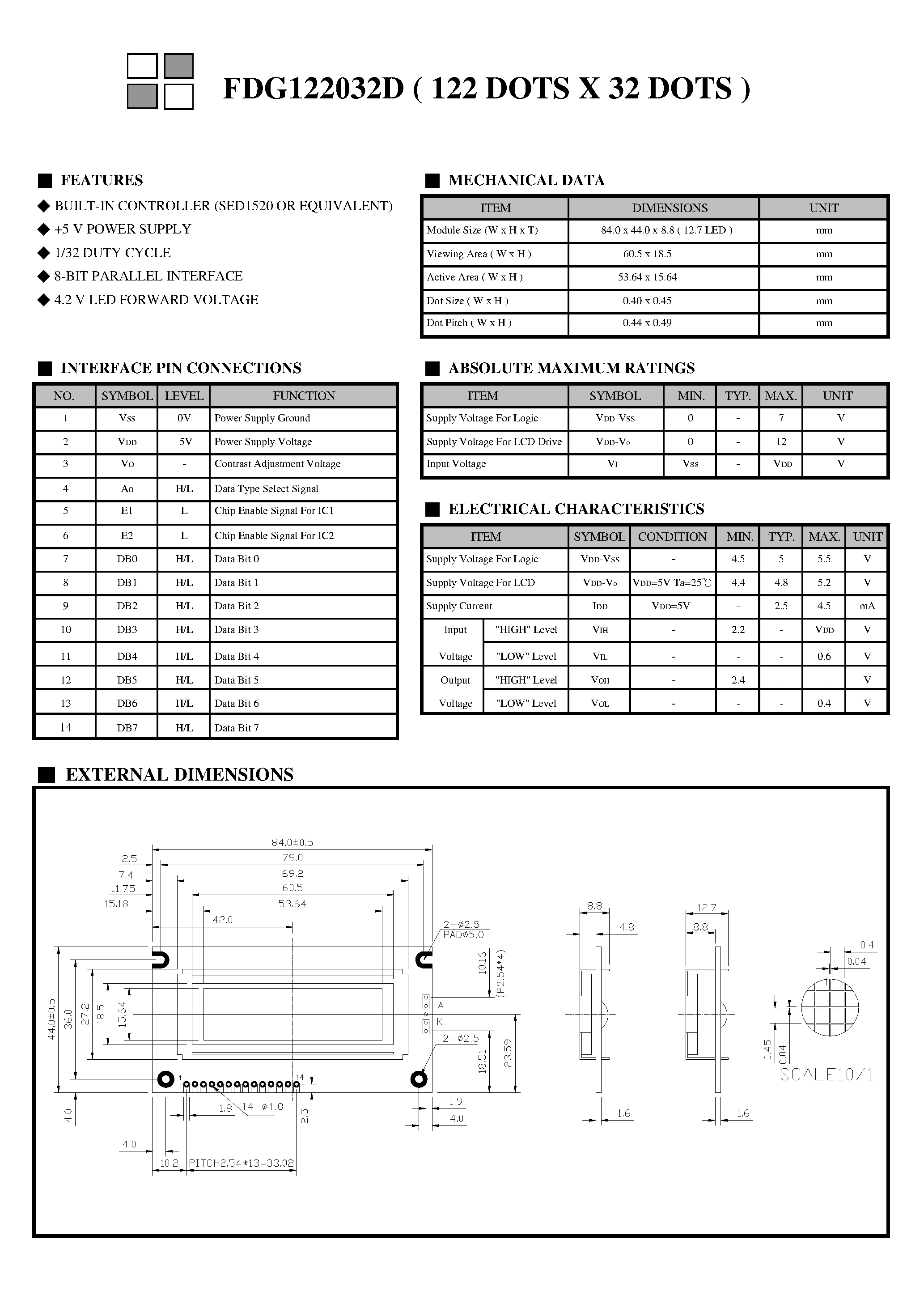 Даташит FDG122032D-Monochrome Lcd Module страница 2