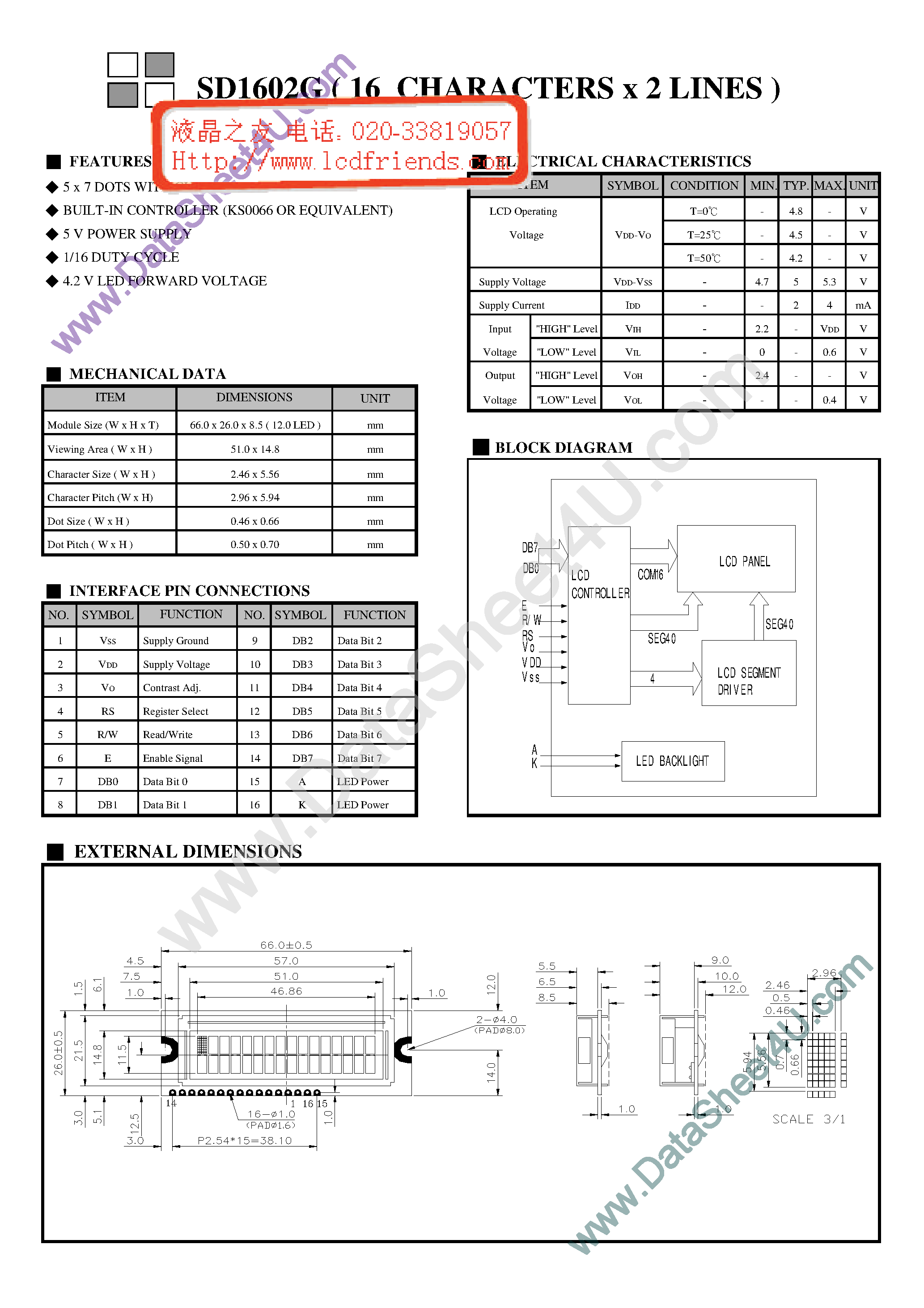 Datasheet SD1602G page 1 Datasheet SD1602G - LCD_Module page 1