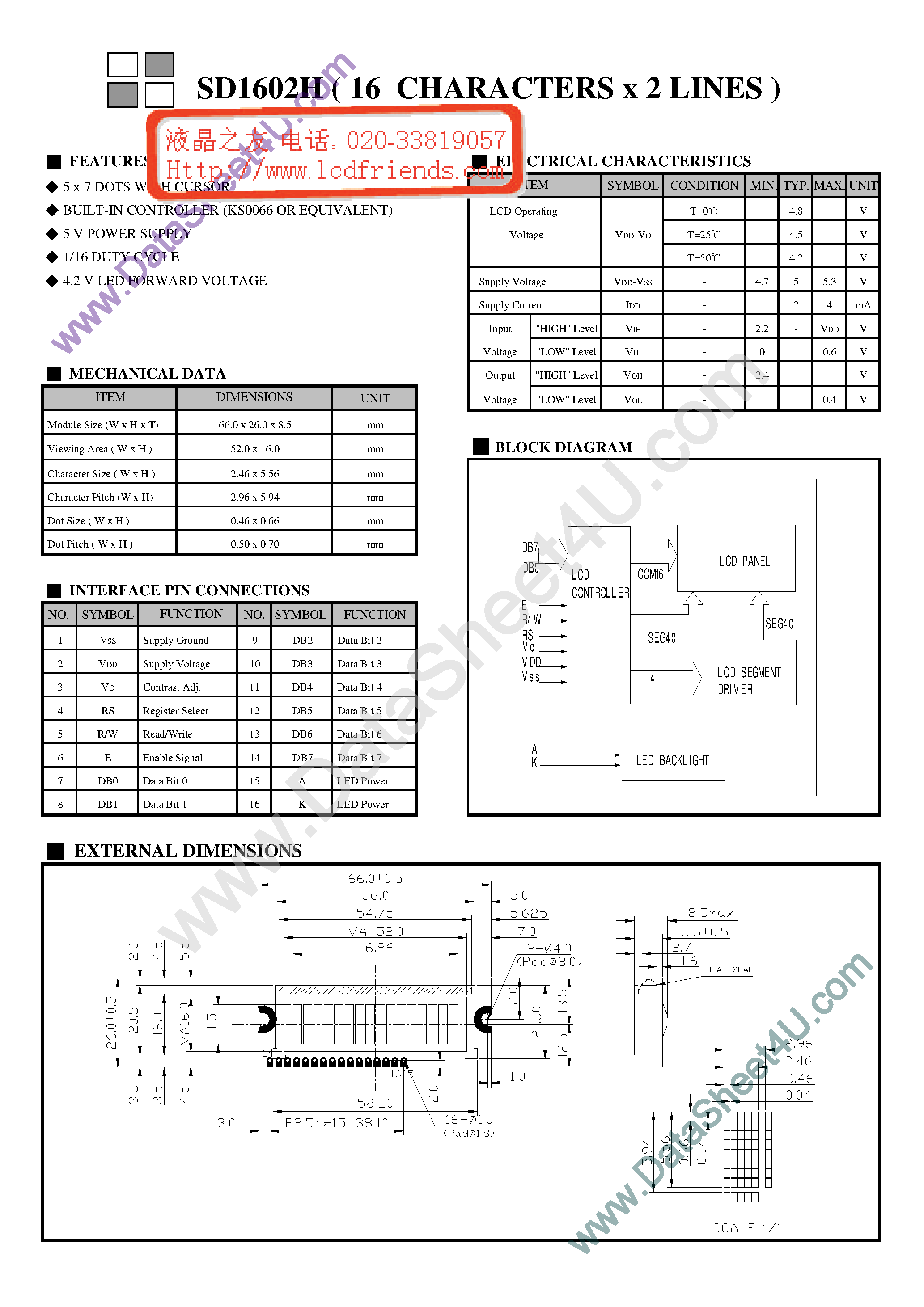 Даташит на микросхему SD1602H страница 1 Даташит SD1602H - LCD_Module страница 1