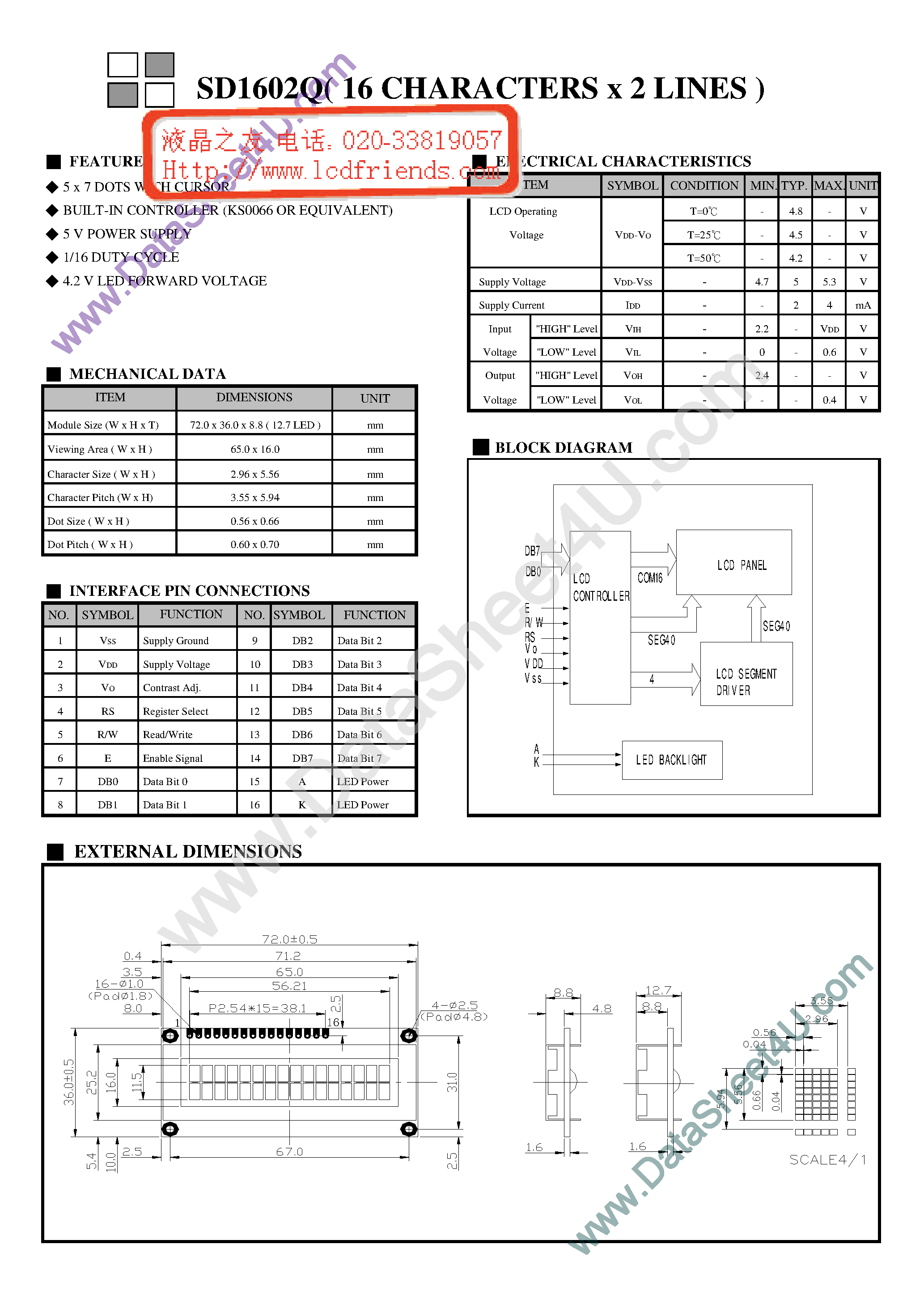 Даташит на микросхему SD1602Q страница 1 Даташит SD1602Q - LCD_Module страница 1
