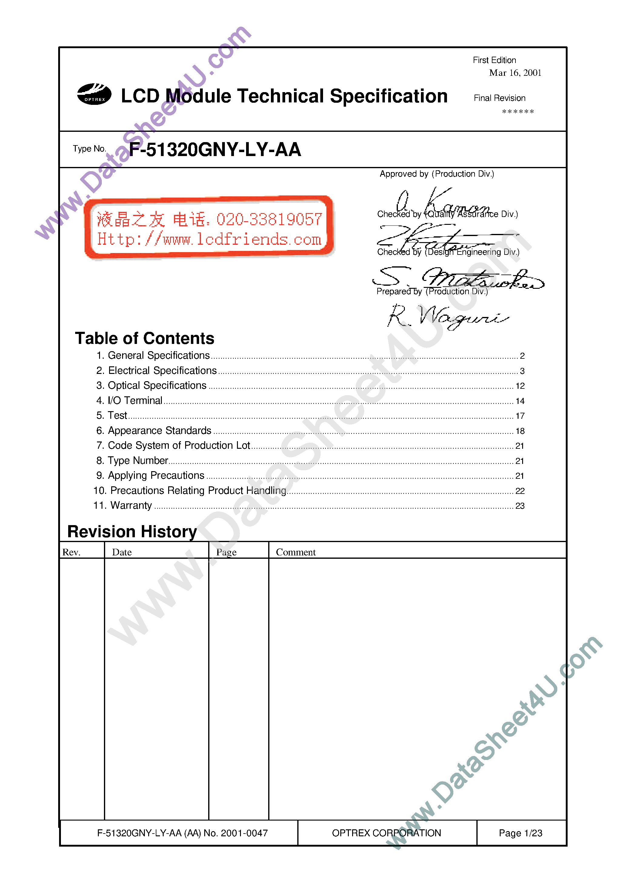 Datasheet F-513320GNY-LY-AA page 1 Datasheet F-513320GNY-LY-AA - LCD_Module page 1