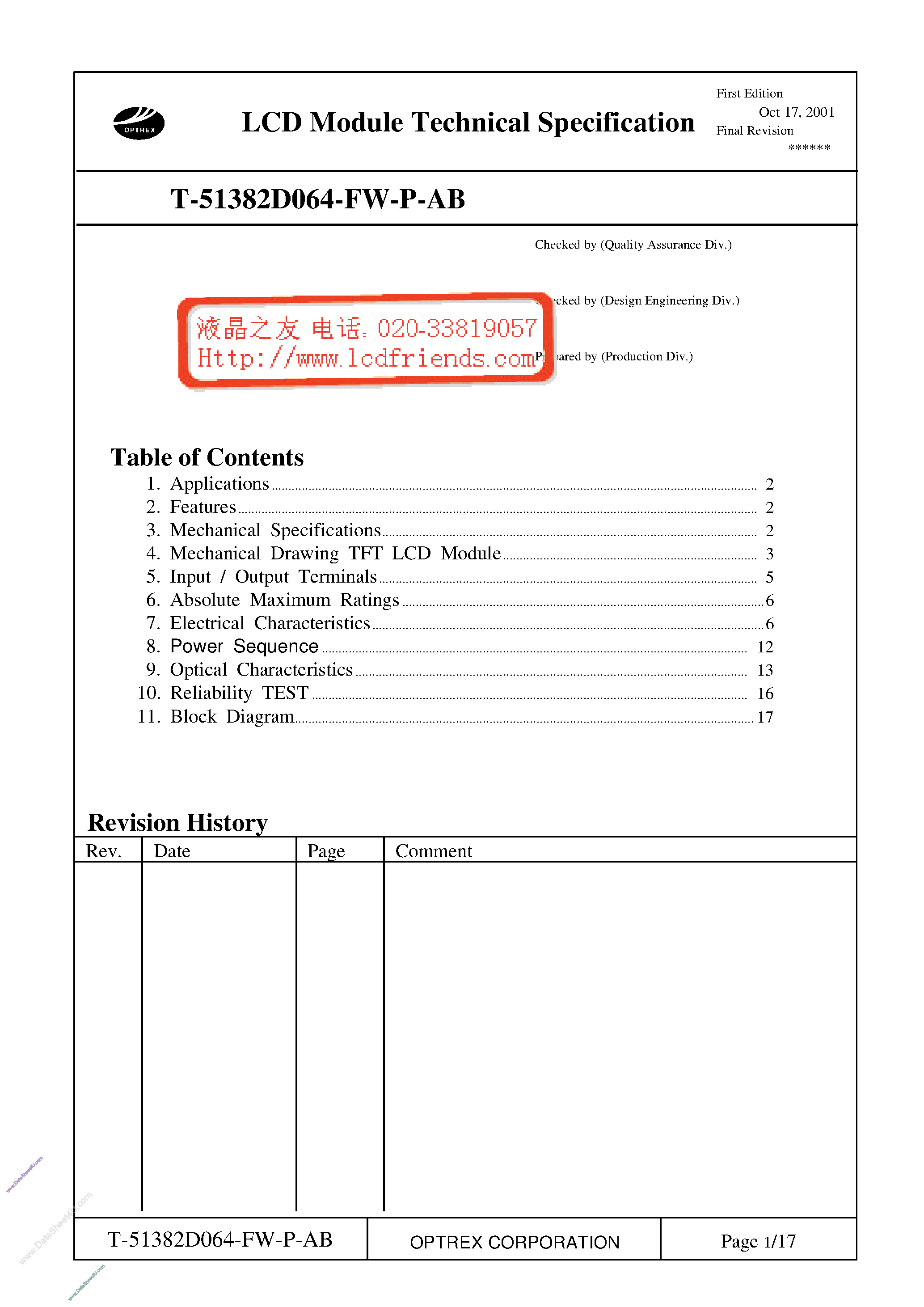 Datasheet T-51382D064-FW-P-AB page 1 Datasheet T-51382D064-FW-P-AB - LCD_Module page 1
