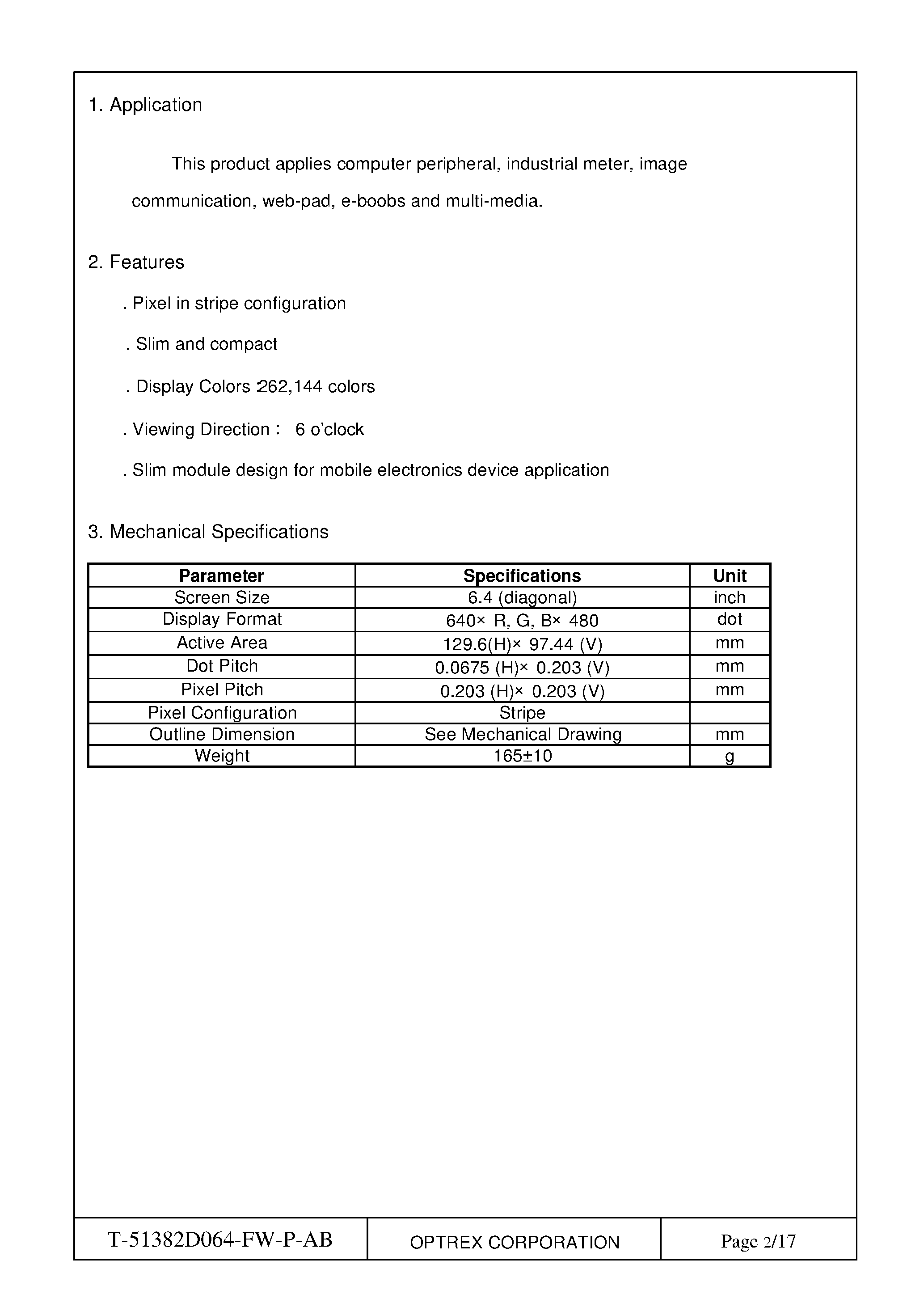 Datasheet T-51382D064-FW-P-AB page 2 Datasheet T-51382D064-FW-P-AB - LCD_Module page 2