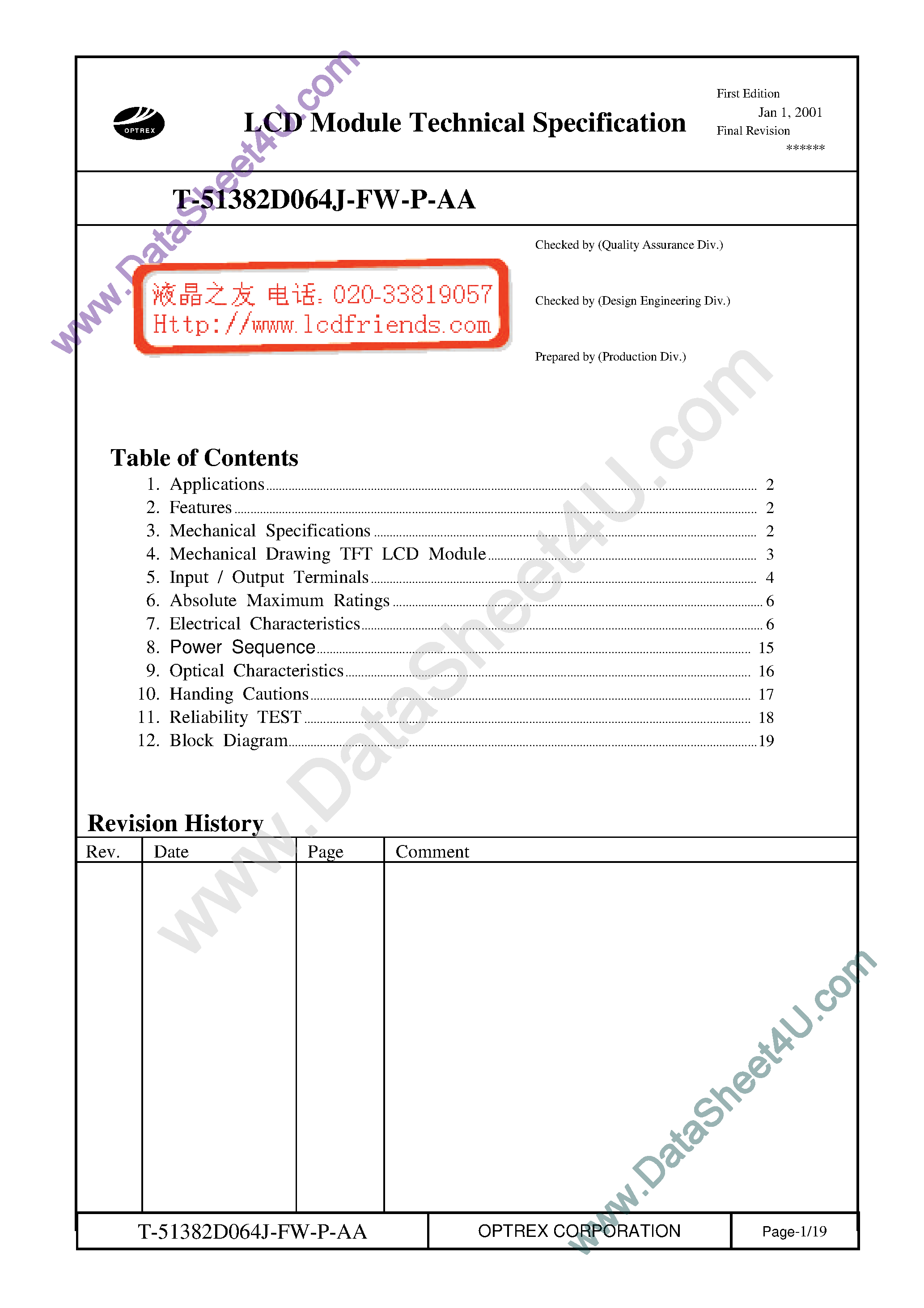 Datasheet T-51382D064JJ-FW-P-AA page 1 Datasheet T-51382D064JJ-FW-P-AA - LCD_Module page 1