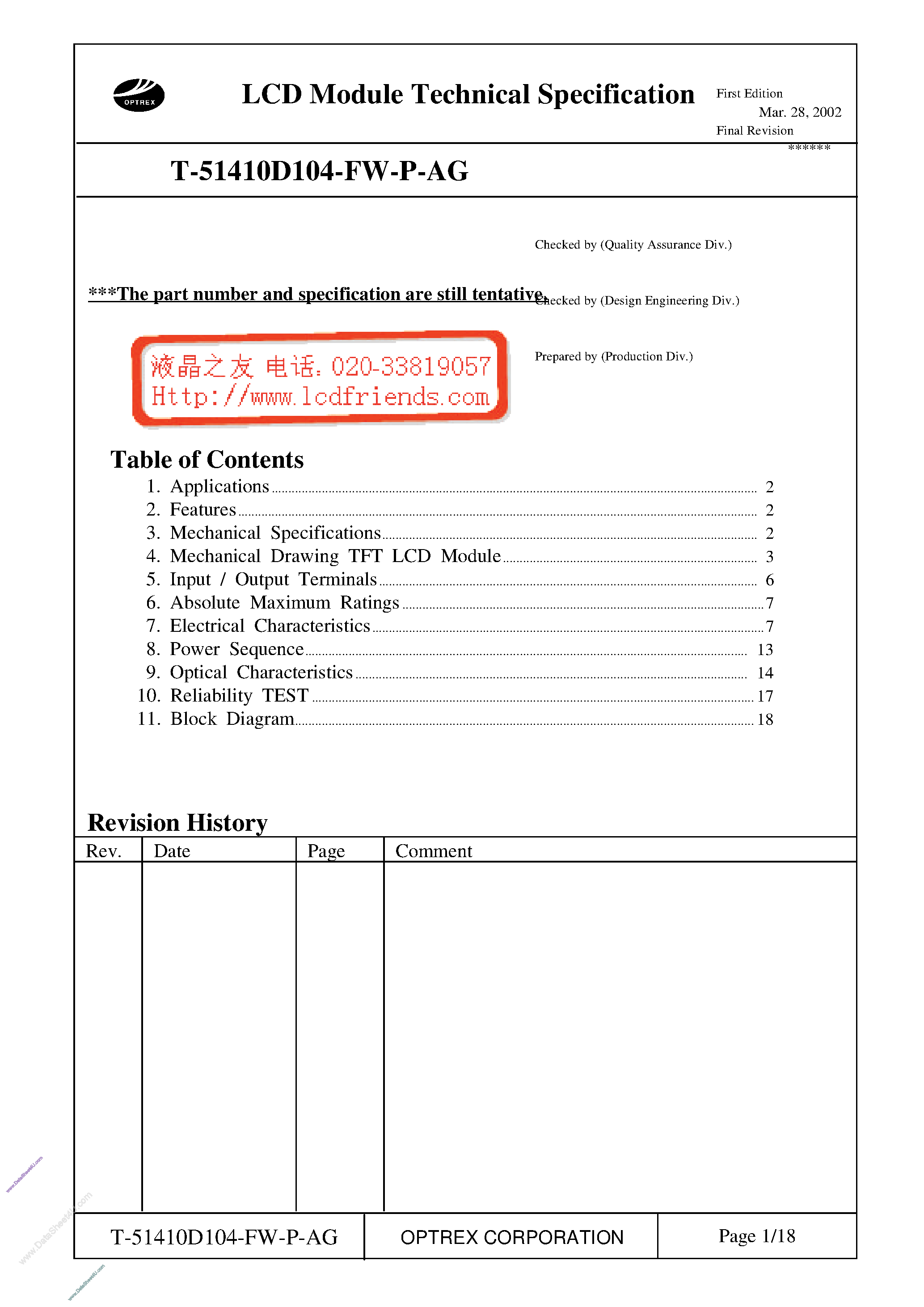 Datasheet T-51410D104-FW-P-AG page 1 Datasheet T-51410D104-FW-P-AG - LCD_Module page 1