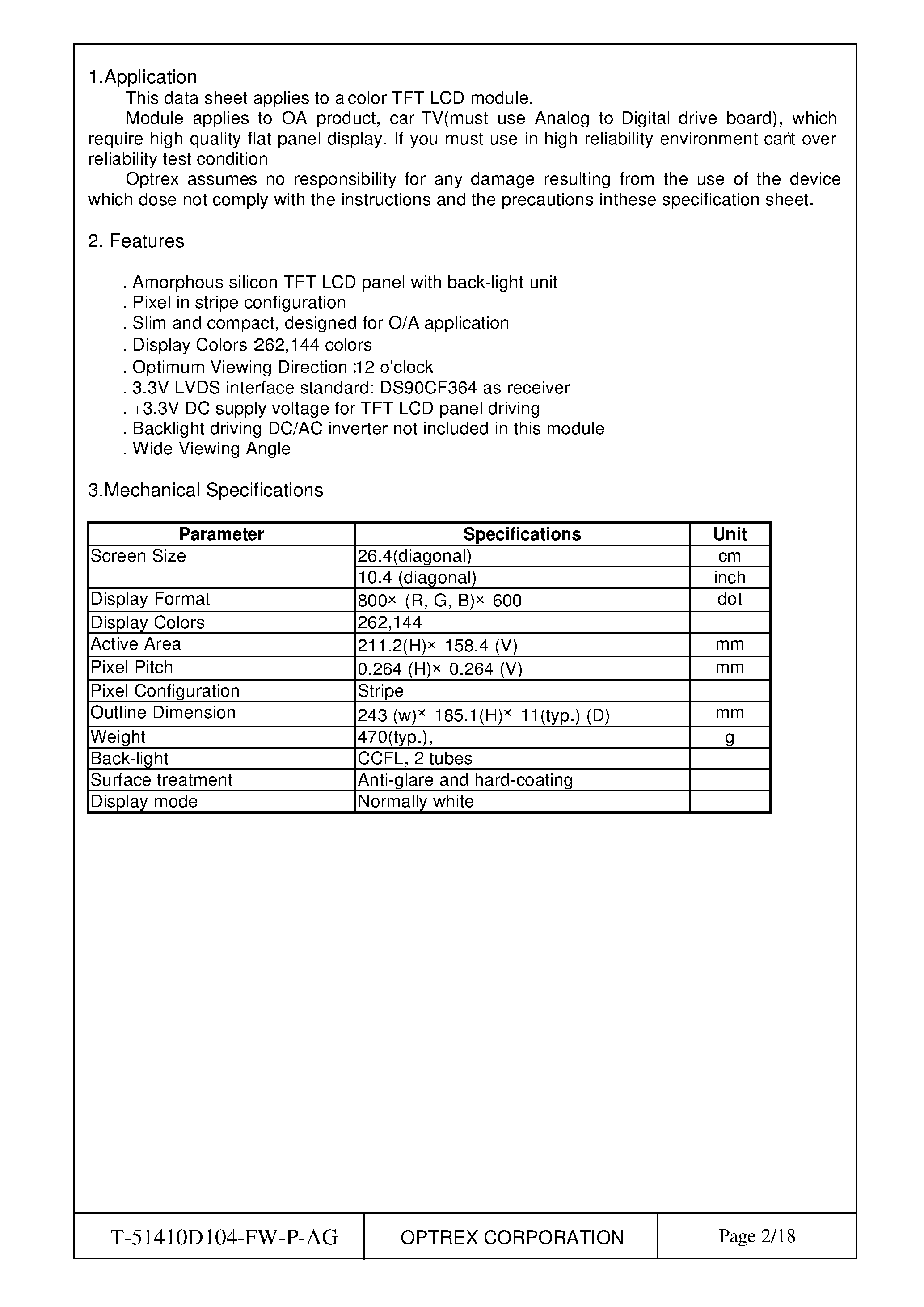 Datasheet T-51410D104-FW-P-AG page 2 Datasheet T-51410D104-FW-P-AG - LCD_Module page 2