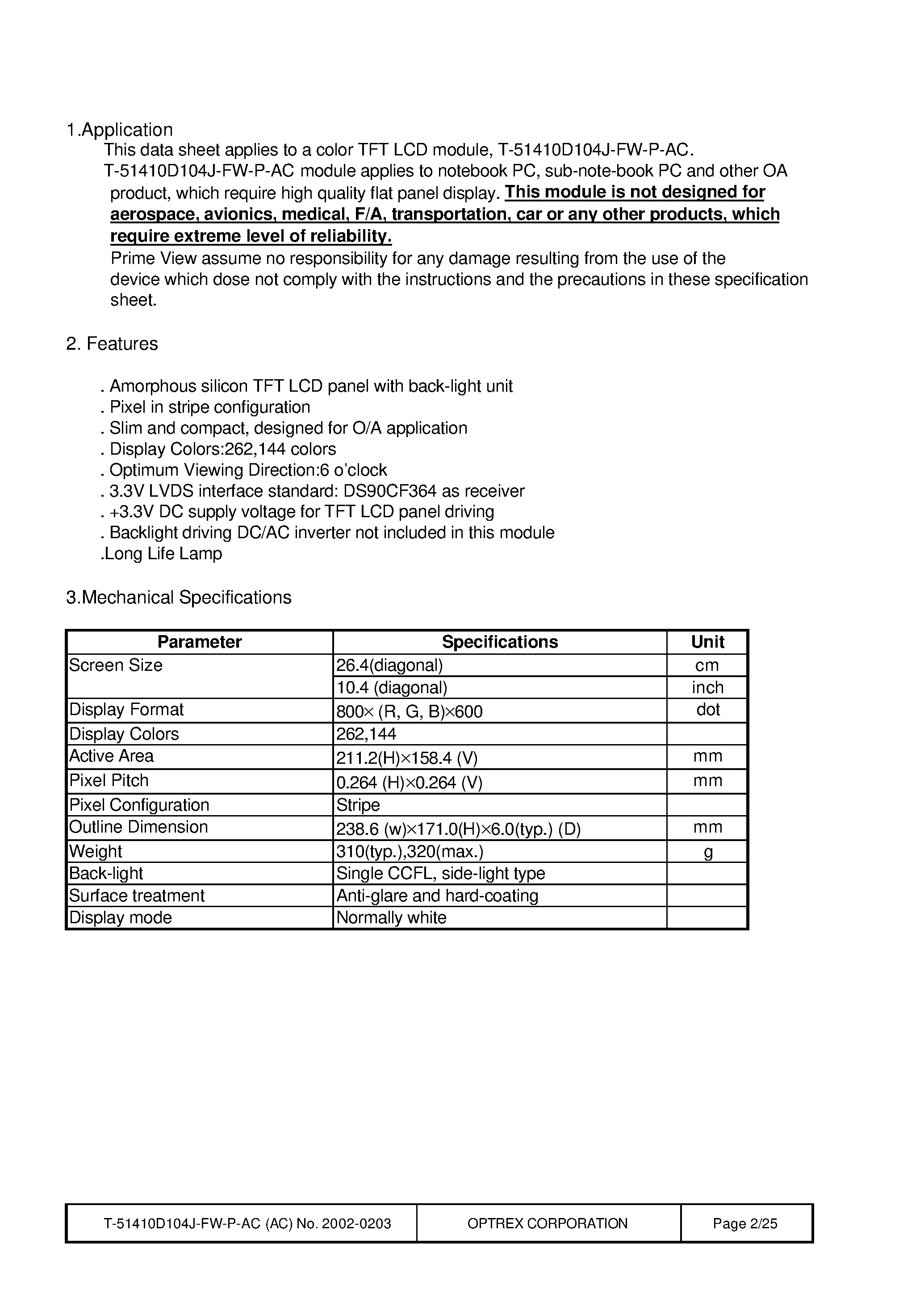 Datasheet T-51410D104J-FW-P-AC page 2 Datasheet T-51410D104J-FW-P-AC - LCD_Module page 2