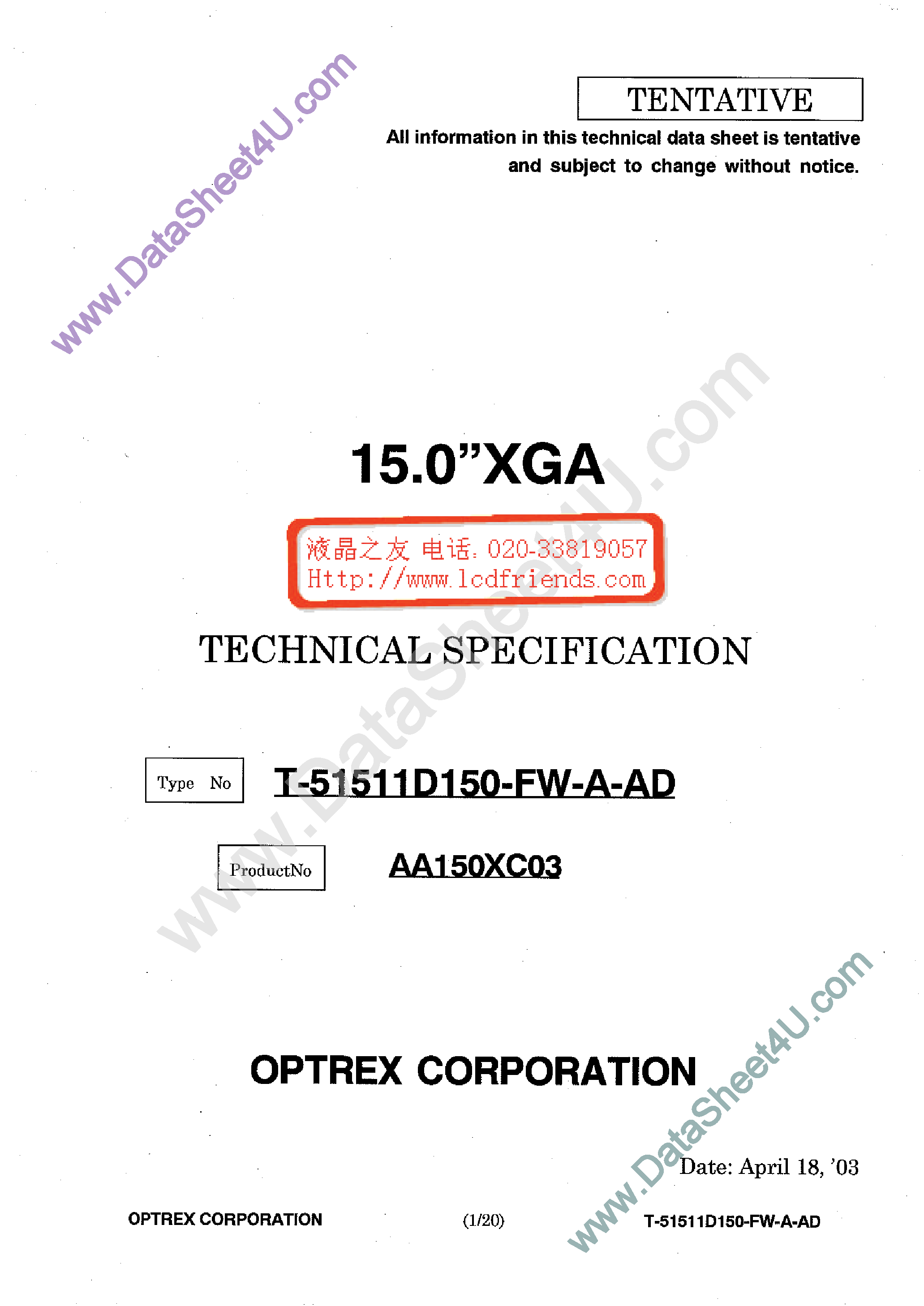 Datasheet T-51511D150-FW-A-AD - LCD_Module page 1