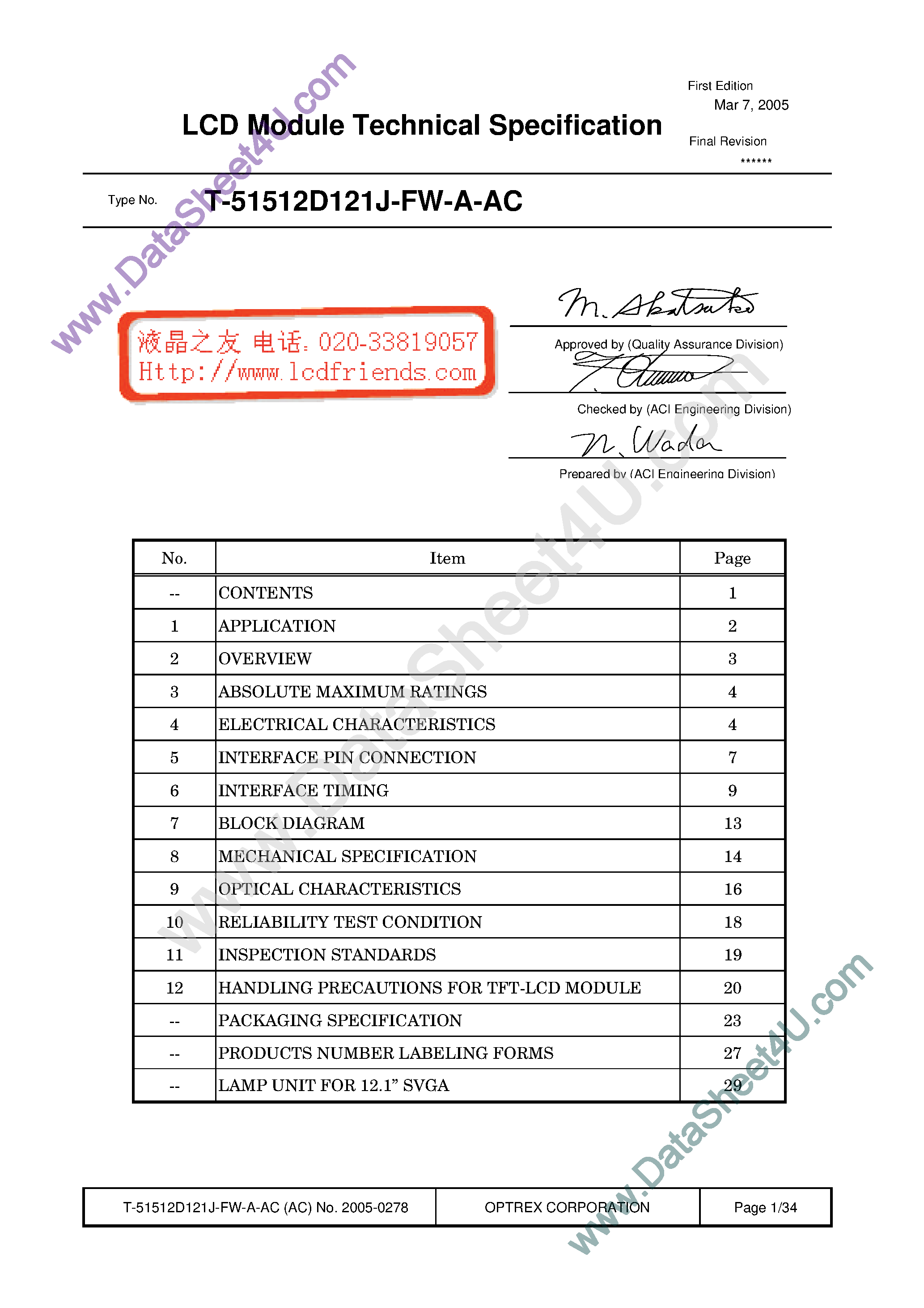 Datasheet T-51512D121J-FE-A-AC page 1 Datasheet T-51512D121J-FE-A-AC - LCD_Module page 1