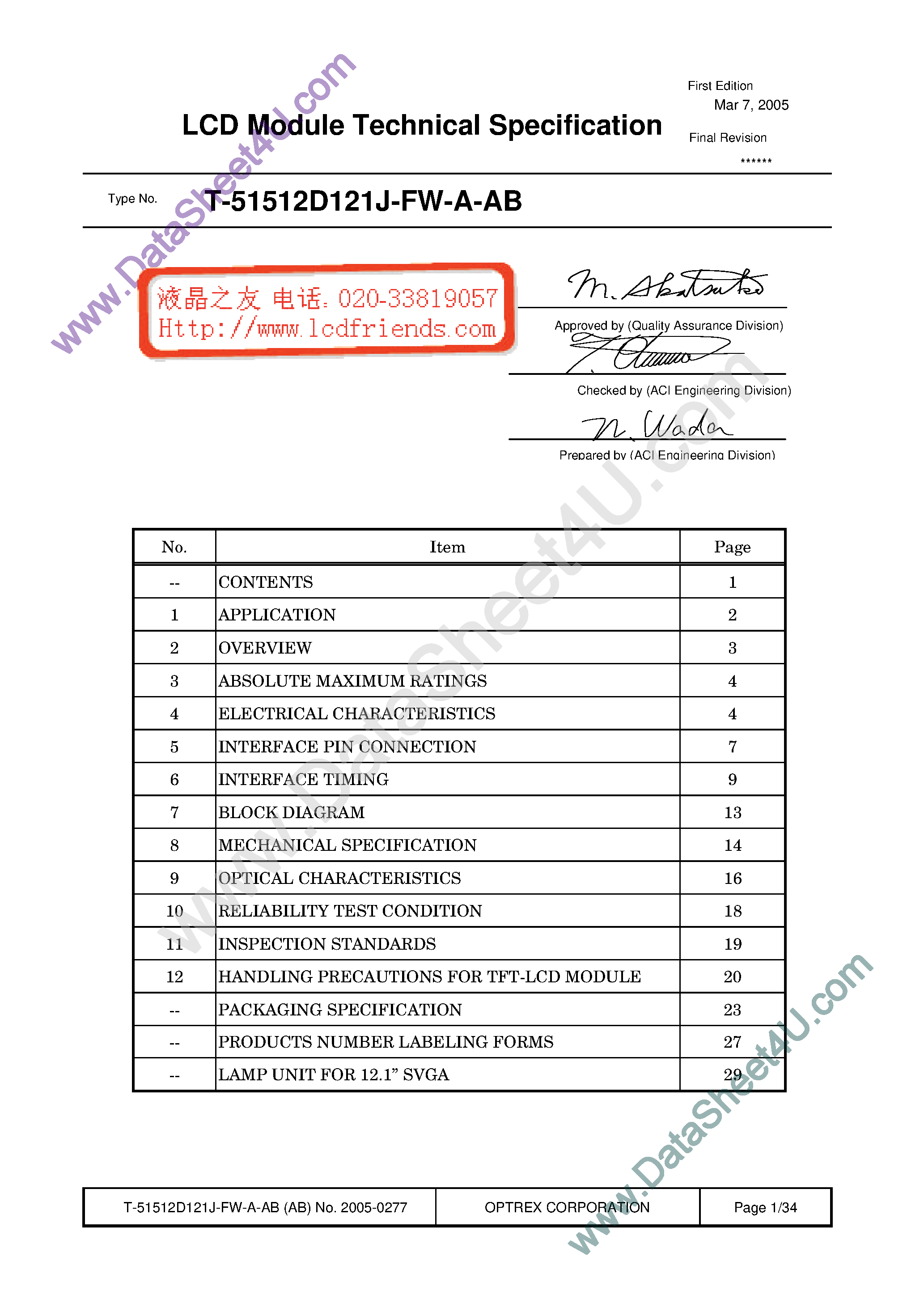 Datasheet T-51512D121J-FW-A-AB page 1 Datasheet T-51512D121J-FW-A-AB - LCD_Module page 1