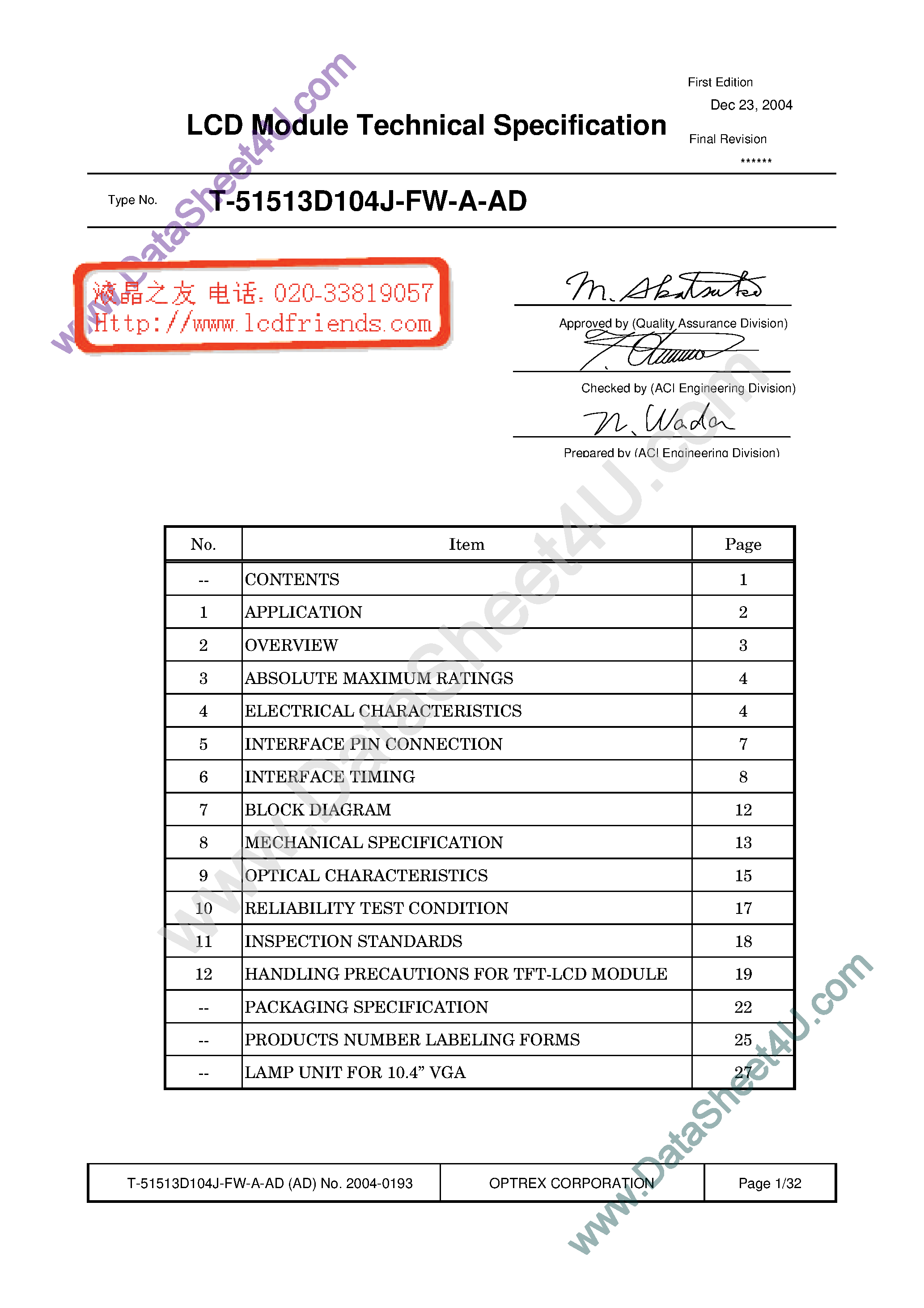 Datasheet T-51513D104J-FW-A-AD page 1 Datasheet T-51513D104J-FW-A-AD - LCD_Module page 1