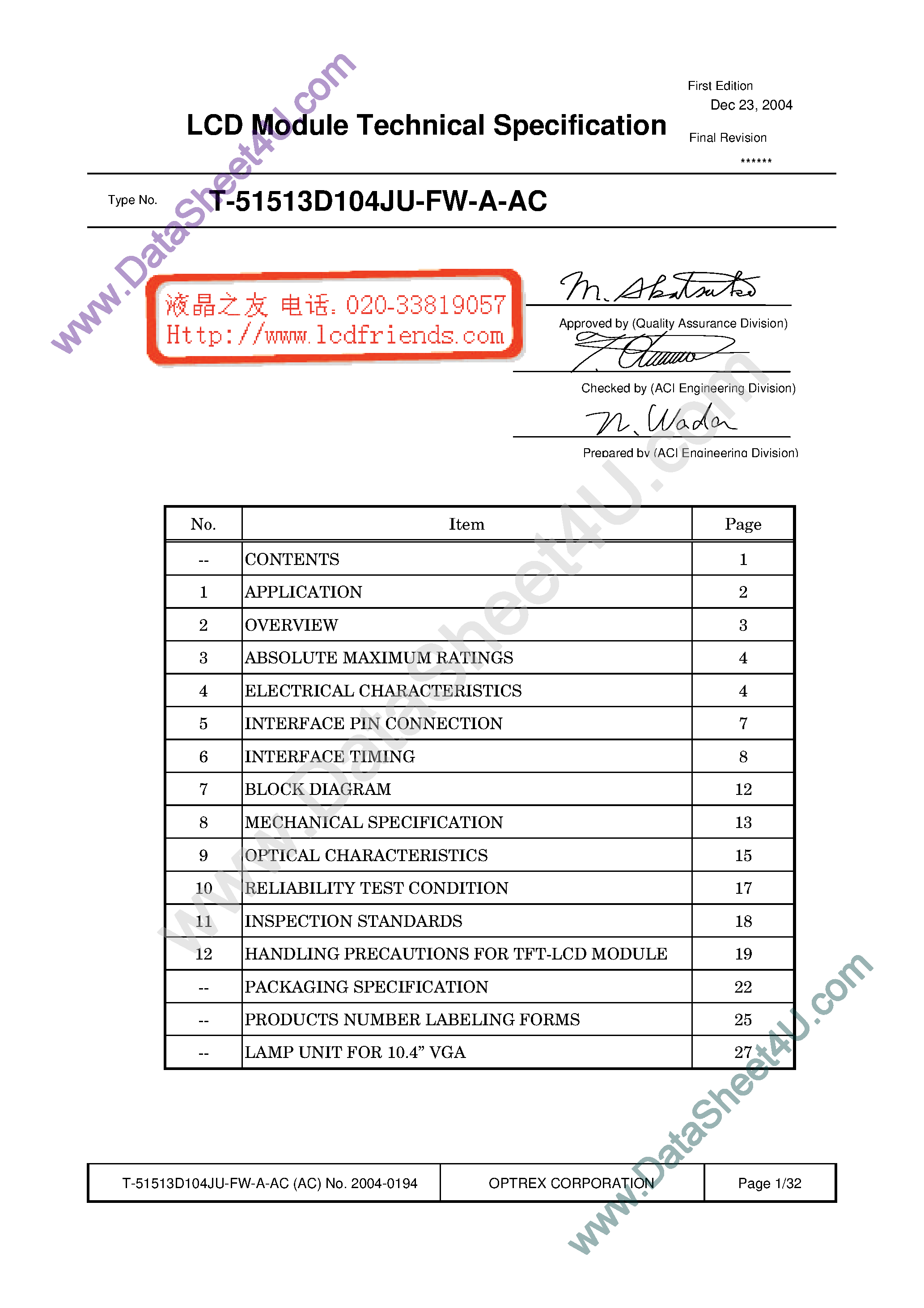 Datasheet T-51513D104JU-FW-A-AC page 1 Datasheet T-51513D104JU-FW-A-AC - LCD_Module page 1