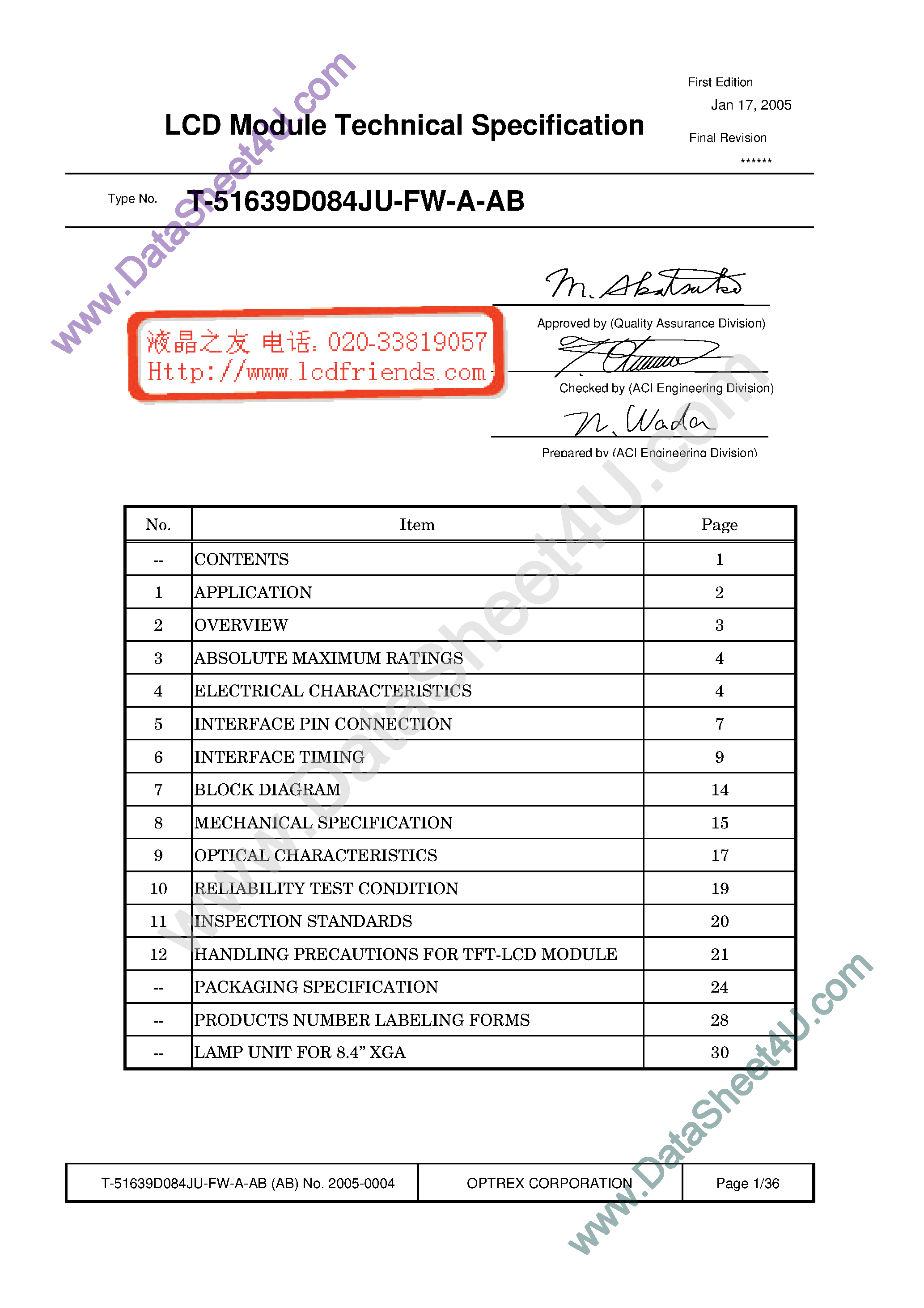 Datasheet T-51639D084JU-FW-A-AB page 1 Datasheet T-51639D084JU-FW-A-AB - LCD_Module page 1