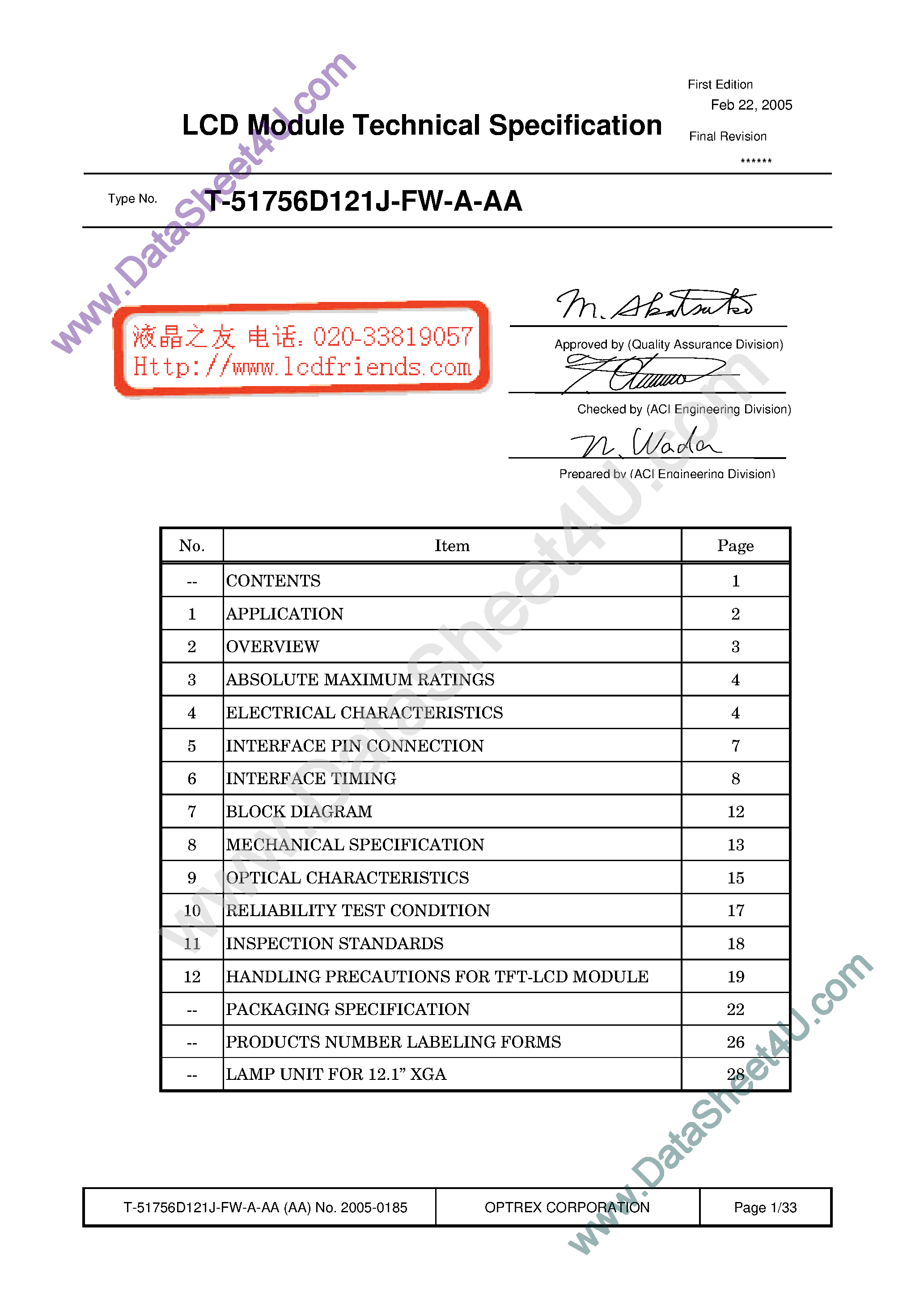Datasheet T-51756D121J-FW-A-AA page 1 Datasheet T-51756D121J-FW-A-AA - LCD_Module page 1
