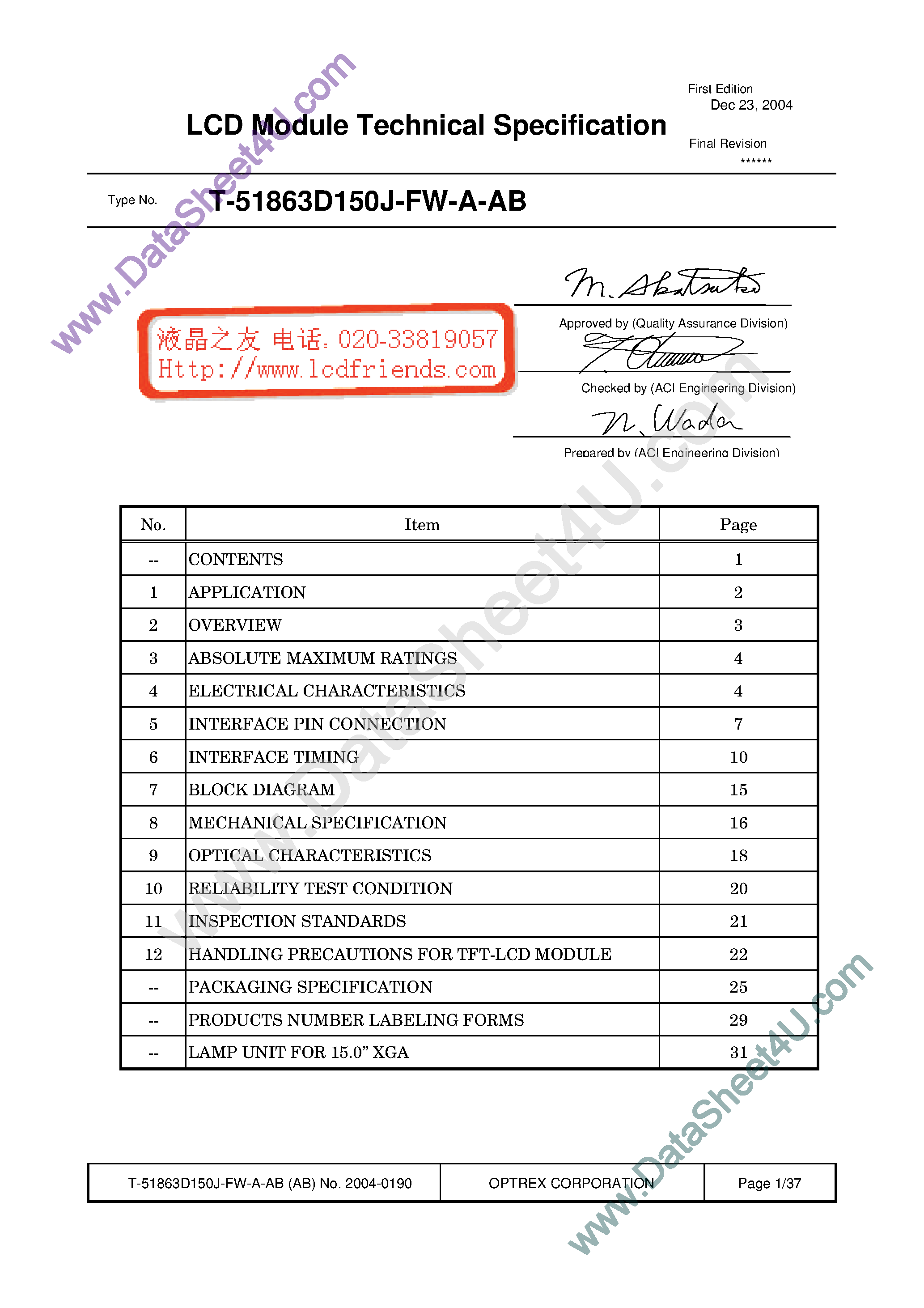 Datasheet T-51863D150-FW-A-AB page 1 Datasheet T-51863D150-FW-A-AB - LCD_Module page 1
