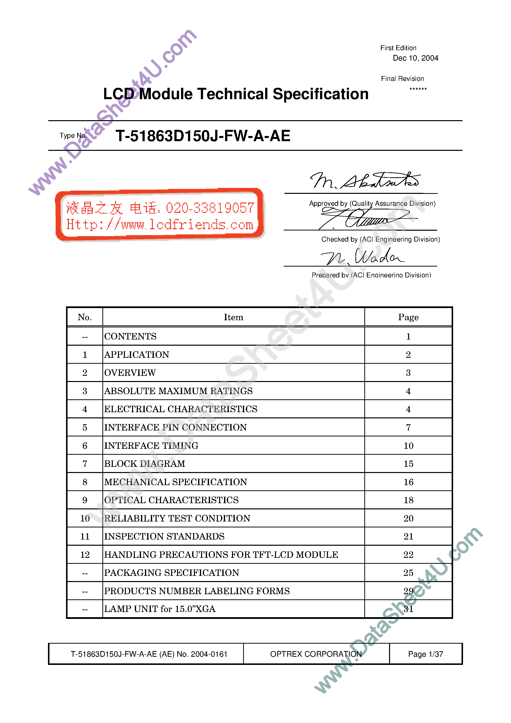 Datasheet T-51863D150J-FW-A-AE page 1 Datasheet T-51863D150J-FW-A-AE - LCD_Module page 1
