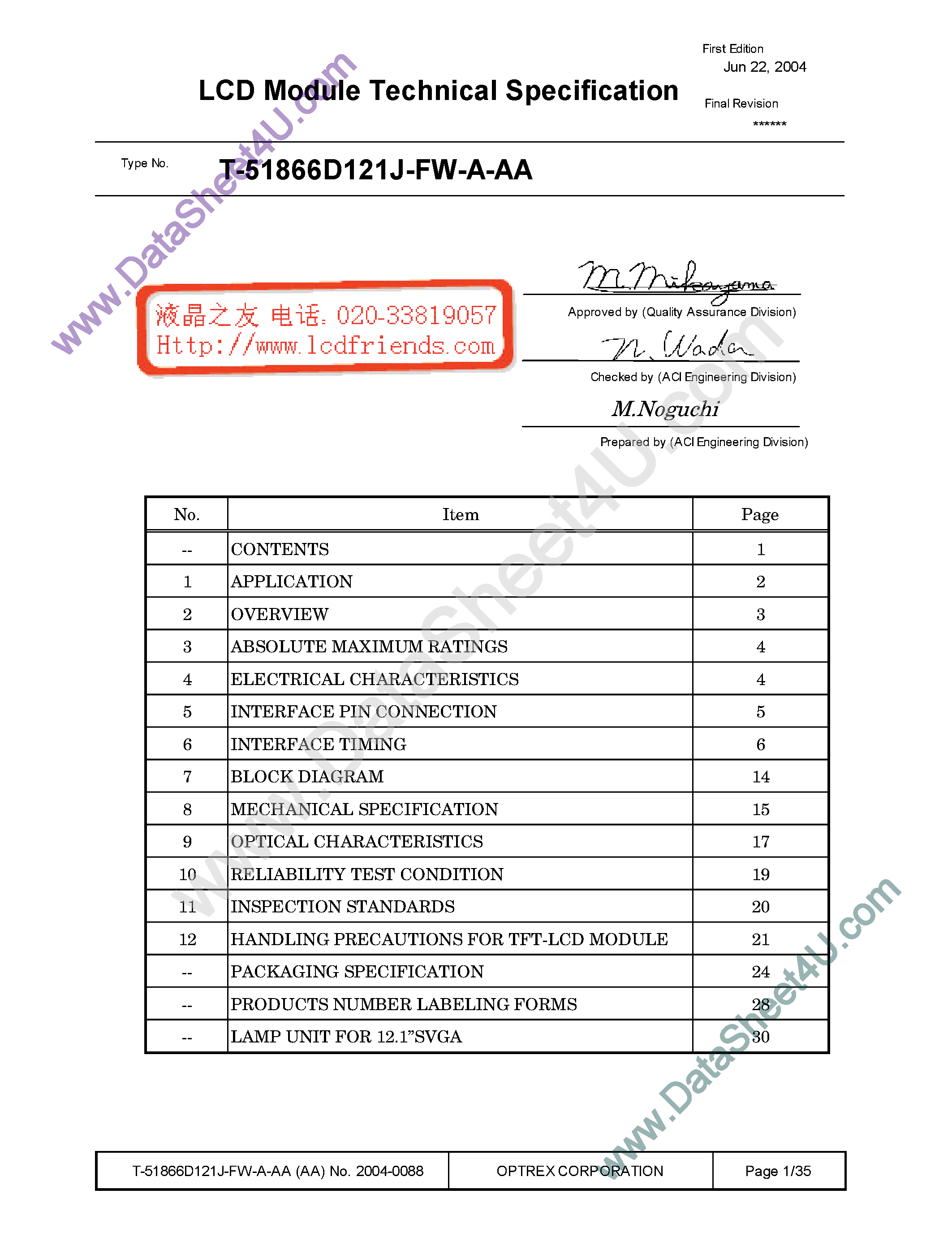 Даташит T-51866D121J-FW-A-AA - LCD_Module страница 1