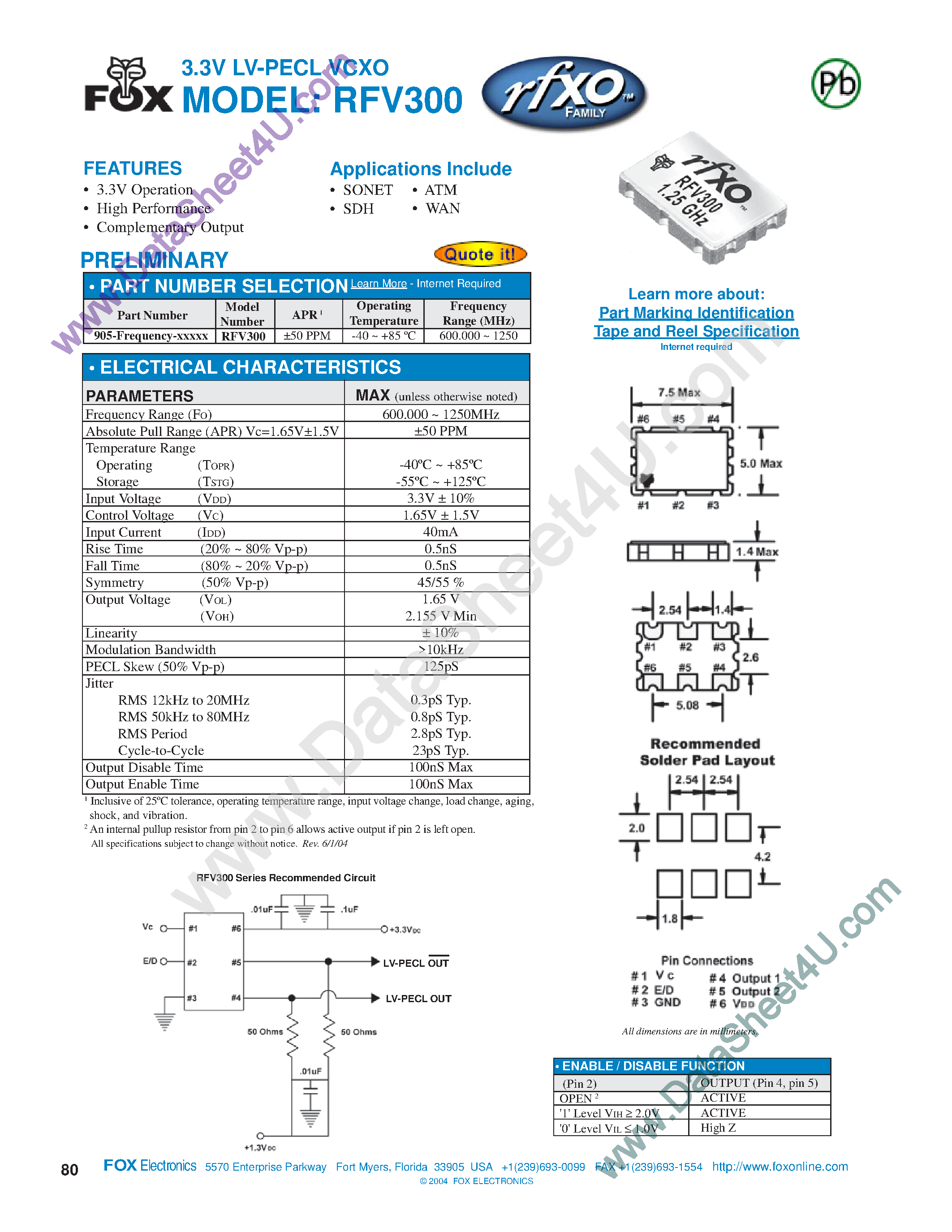 Datasheet RFV300 - 3.3V LV-PECL VCXO page 1