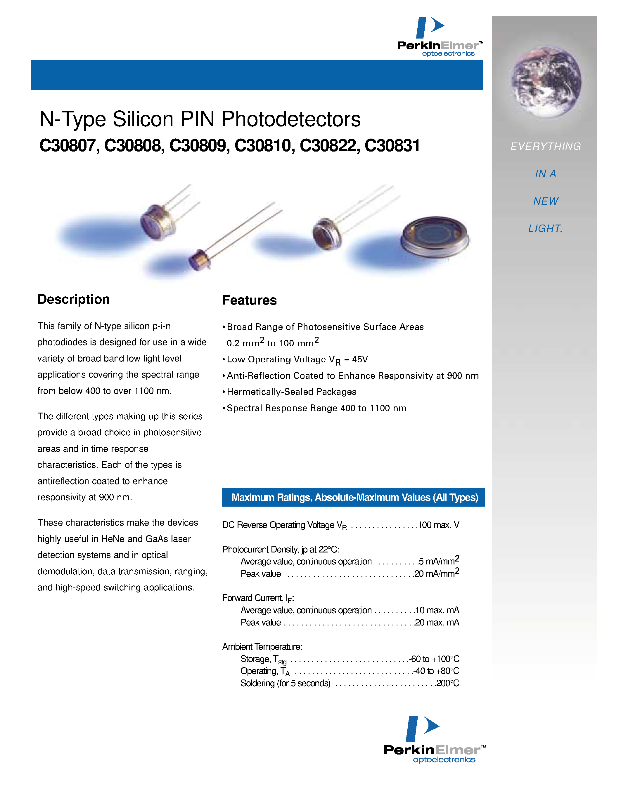 Datasheet C30807 - (C30807 - C30831) N-Type Silicon PIN Photodetectors page 1