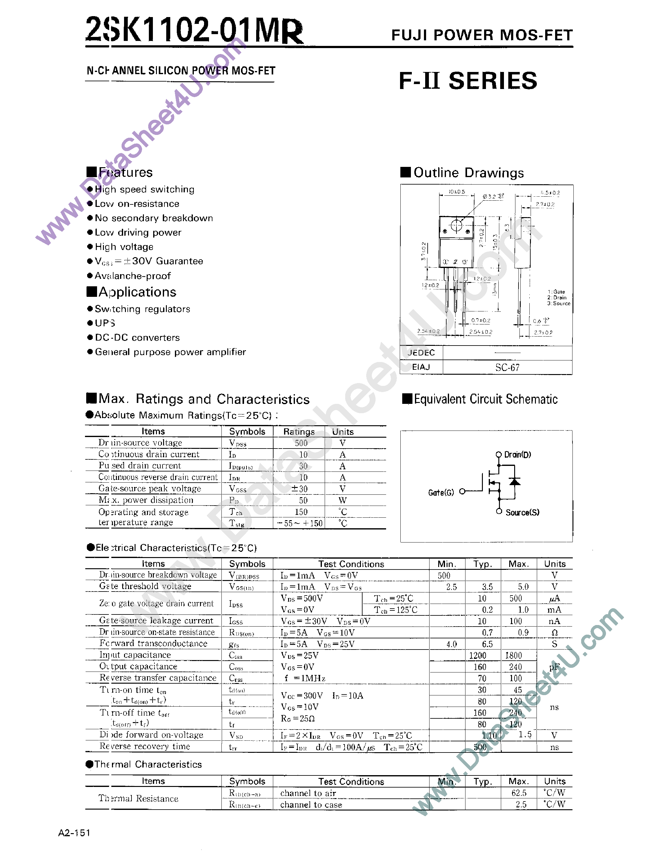 Datasheet 2SK1102-01MR page 1 Datasheet 2SK1102-01MR - N-CHANNEL SILICON POWER MOS-FET page 1