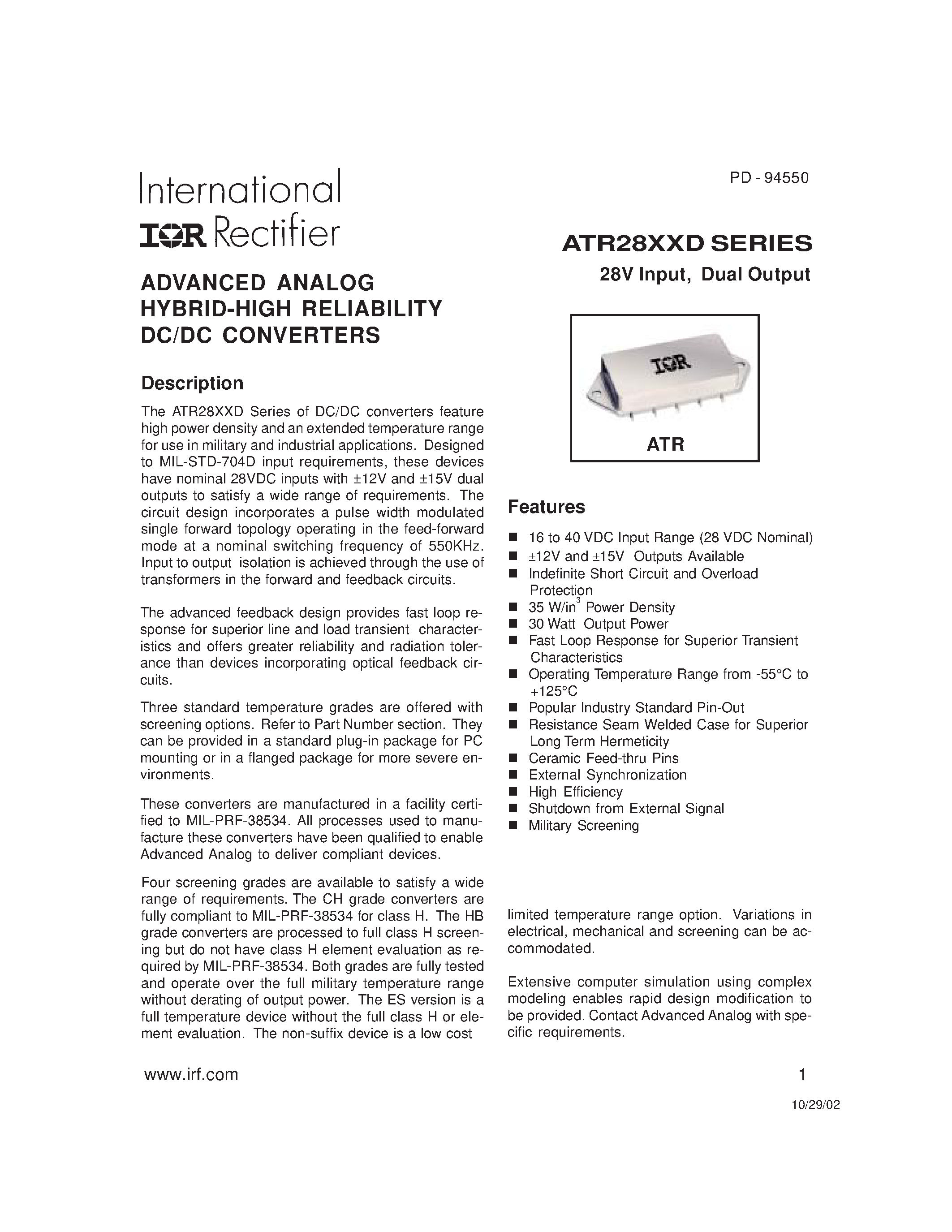 Datasheet ATR2812D - (ATR28xxD) ADVANCED ANALOG HYBRID-HIGH RELIABILITY DC/DC CONVERTERS page 1