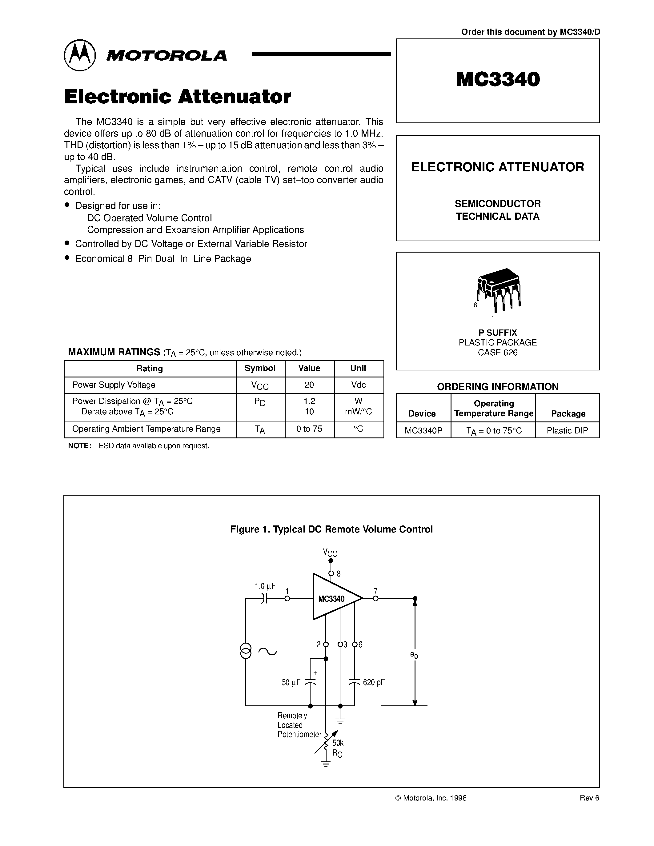 Datasheet MC3340 page 1 Datasheet MC3340 - ELECTRONIC ATTENUATOR page 1
