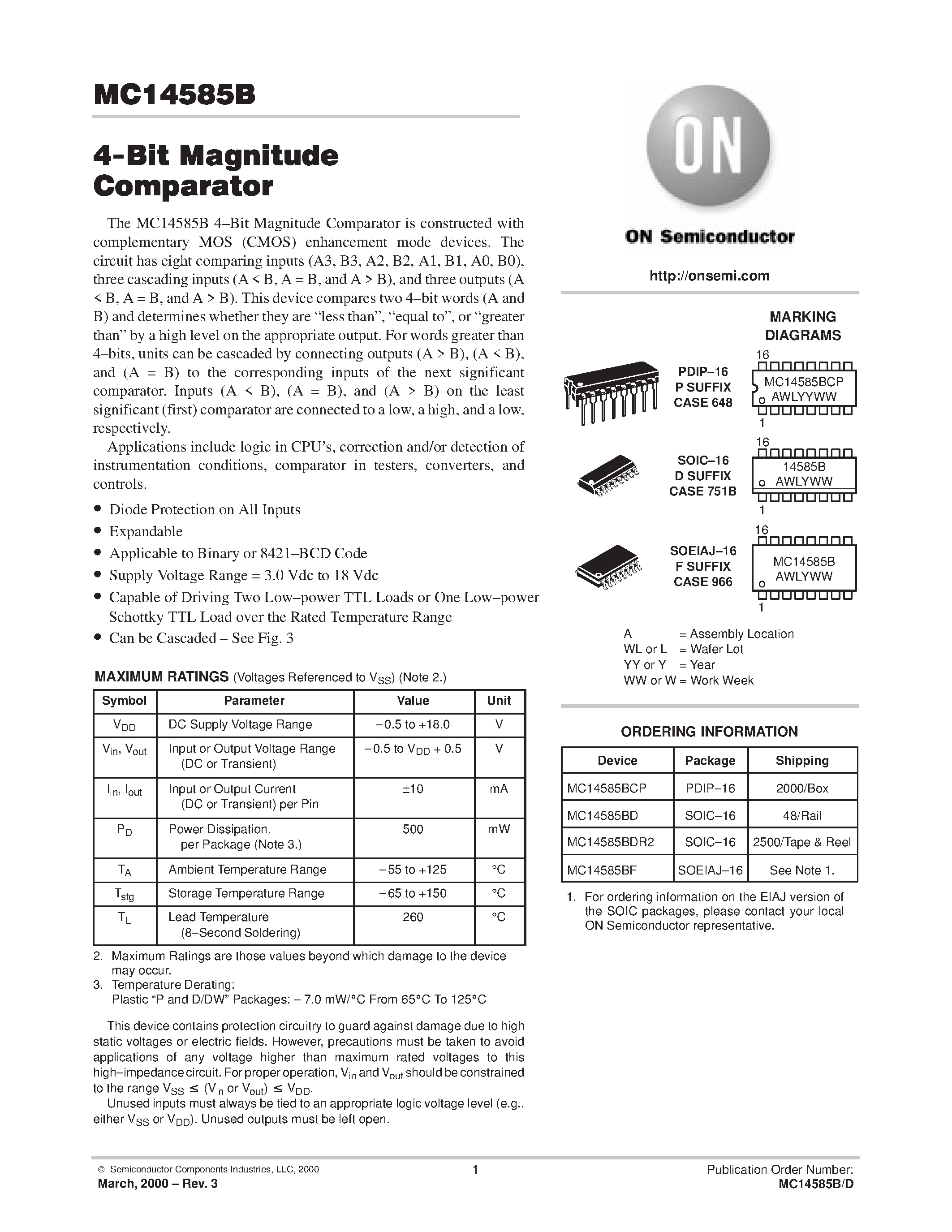 Datasheet MC14585B page 1 Datasheet MC14585B - 4-Bit Magnitude Comparator page 1
