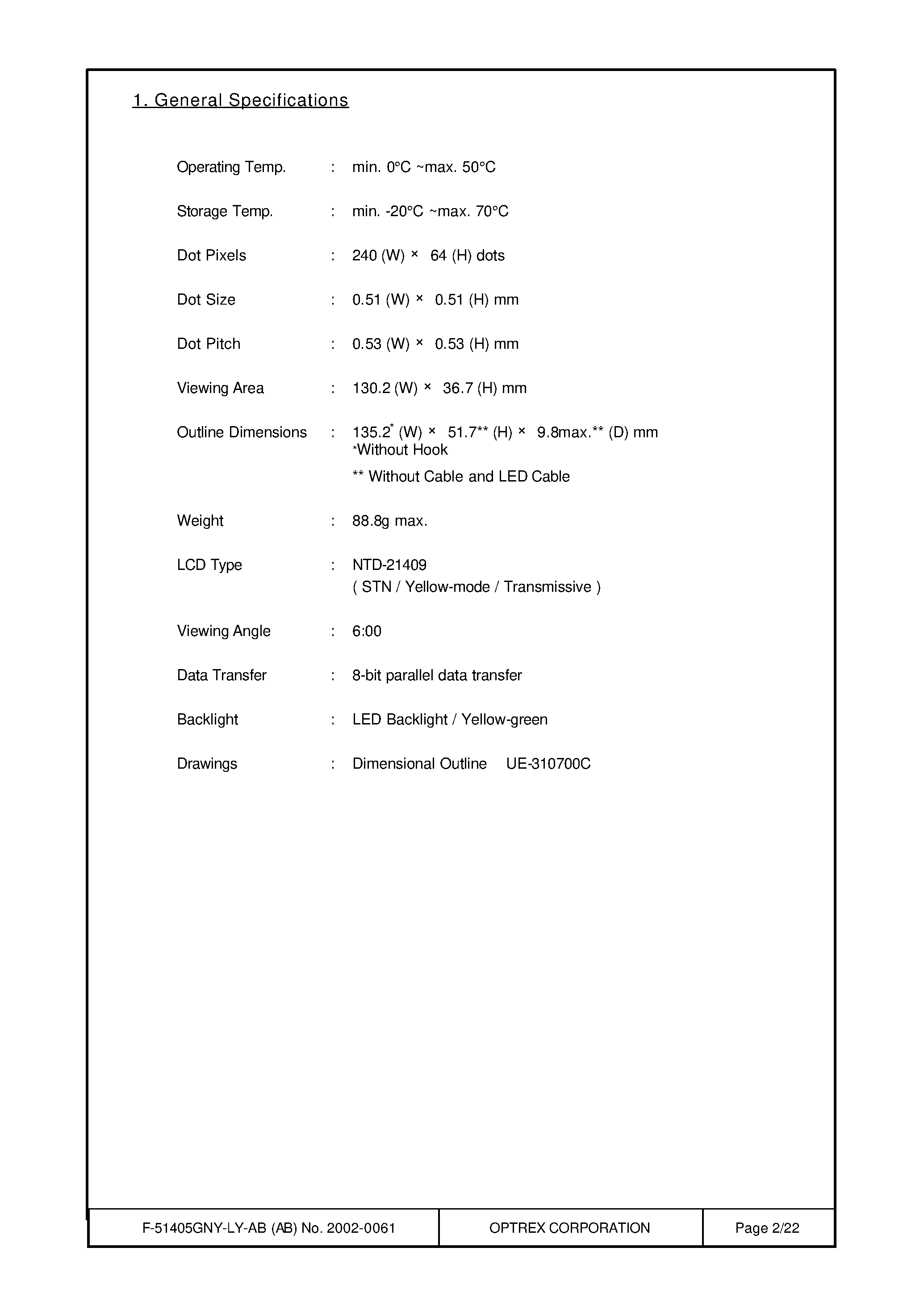 Даташит на микросхему F-51405GNY-LY-AB страница 2 Даташит F-51405GNY-LY-AB - LCD_Module страница 2