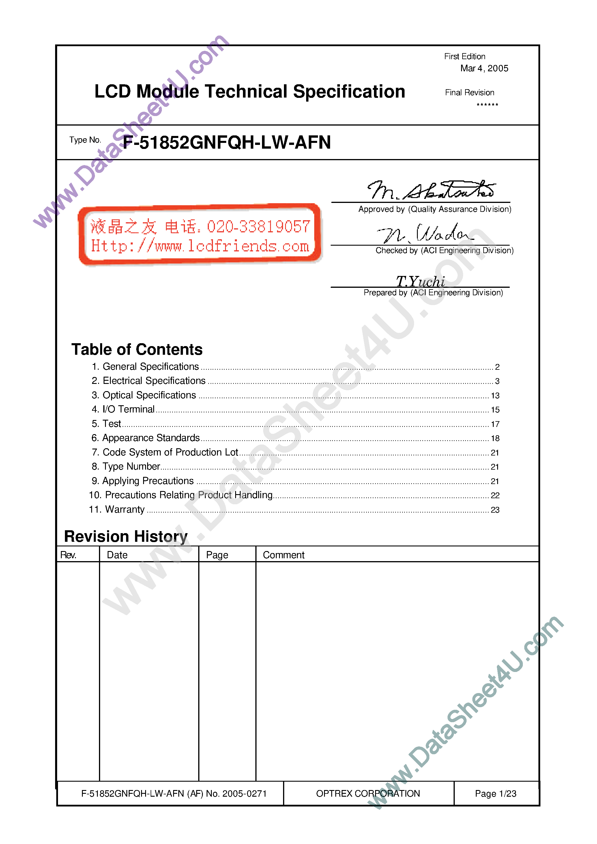 Datasheet F-51852GNFQH-LW-AFN page 1 Datasheet F-51852GNFQH-LW-AFN - LCD_Module page 1