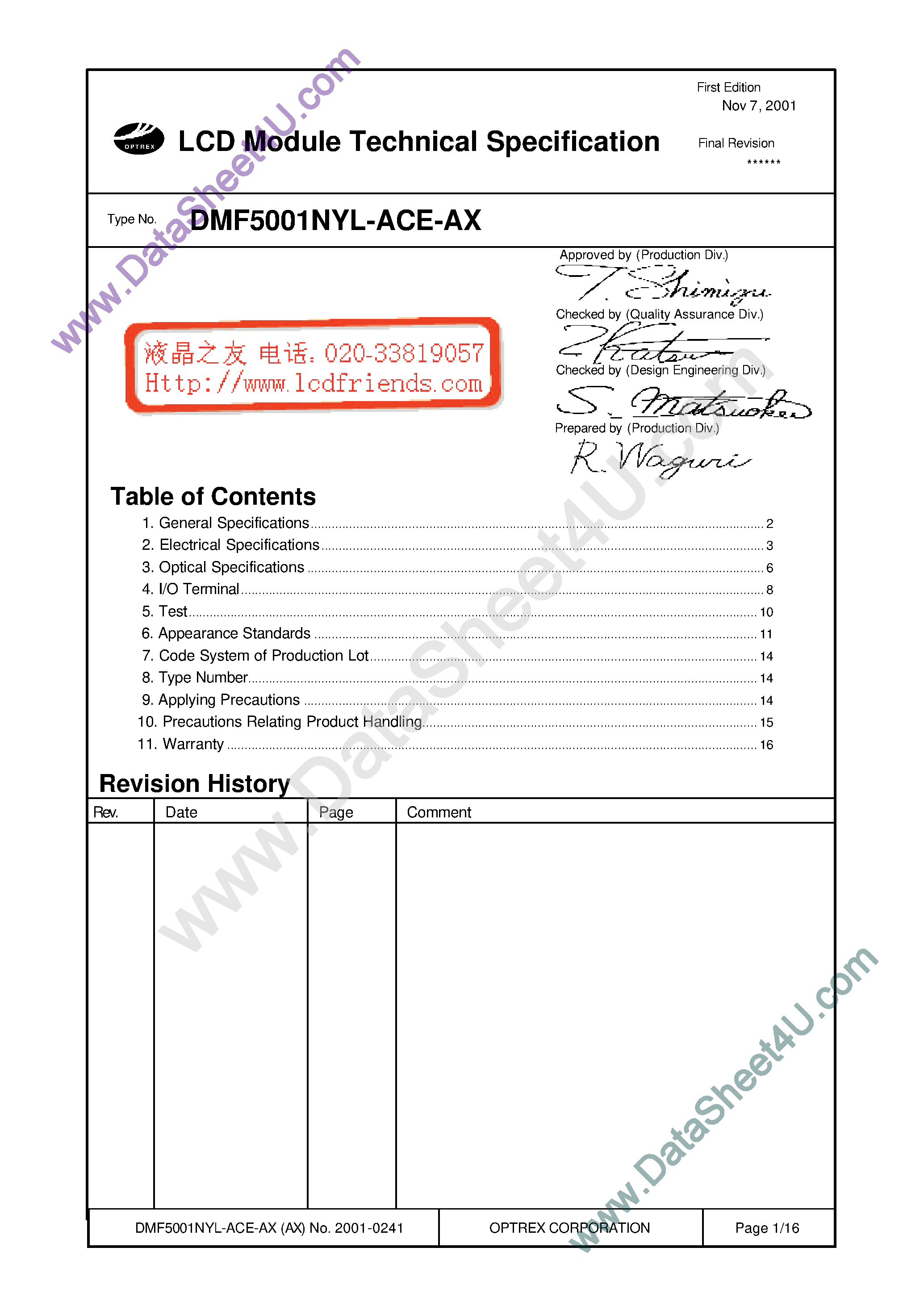 Datasheet DMF-5001NYL-ACE-AX page 1 Datasheet DMF-5001NYL-ACE-AX - LCD_Module page 1
