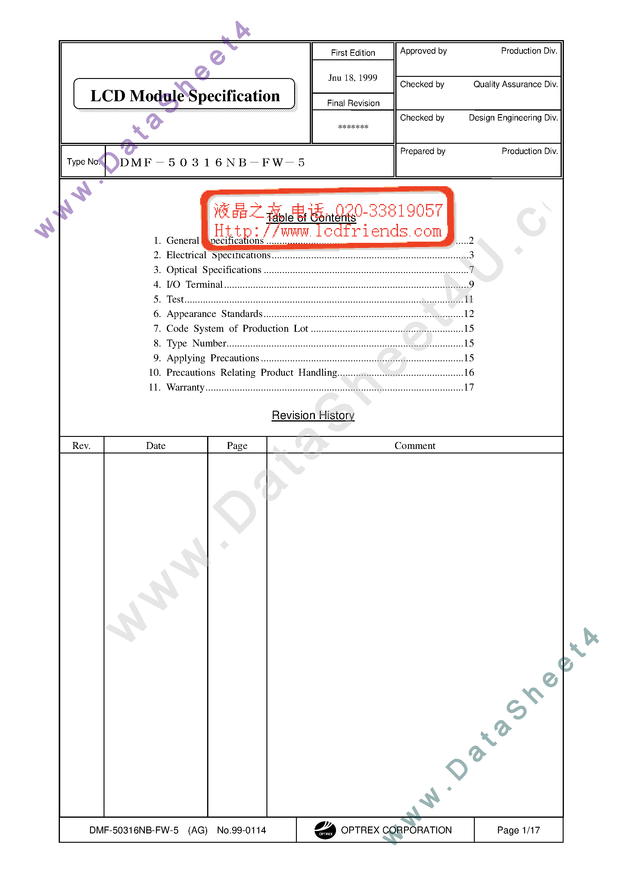 Datasheet DMF-50316NB-FW-5 - LCD_Module page 1